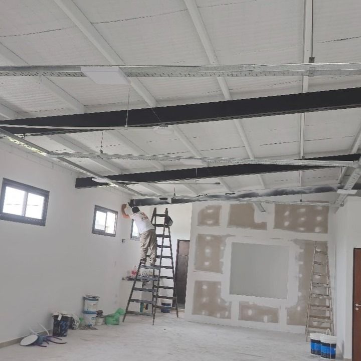 Persona pintando una pared desde una escalera dentro de un edificio en construcción. Paredes y techo blancos, vigas grises.