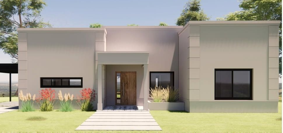 Casa moderna de color claro con puerta de madera, dos ventanas y césped verde.