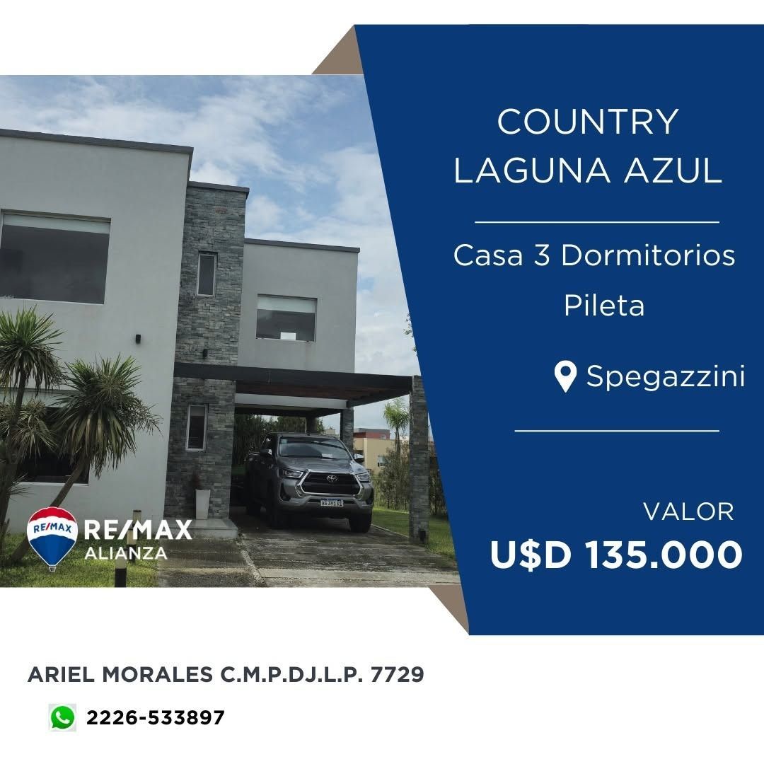 Anuncio inmobiliario: Casa en Country Laguna Azul, Spegazzini, con piscina, 3 dormitorios, en venta por USD 135.000.