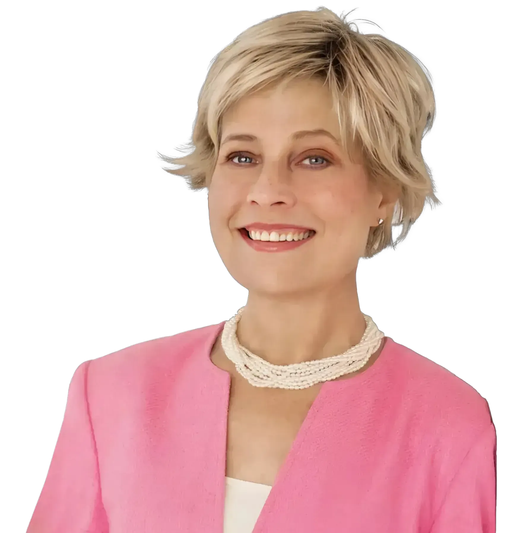 Portrait of a smiling blonde woman in a pink blazer and white top on a white background