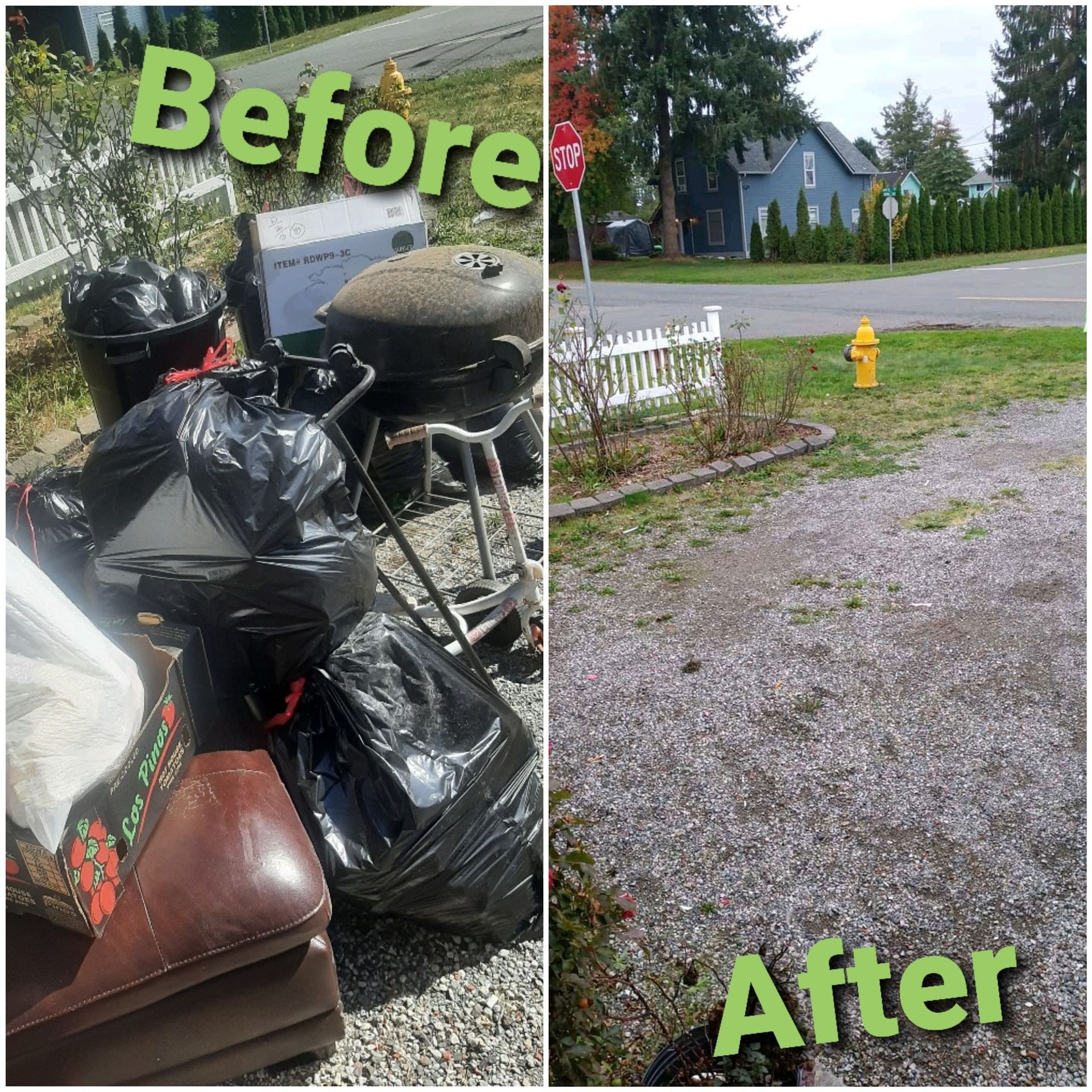 Before and after comparison: a cluttered area with trash bags and a grill cleared to show a clean, gravel driveway.