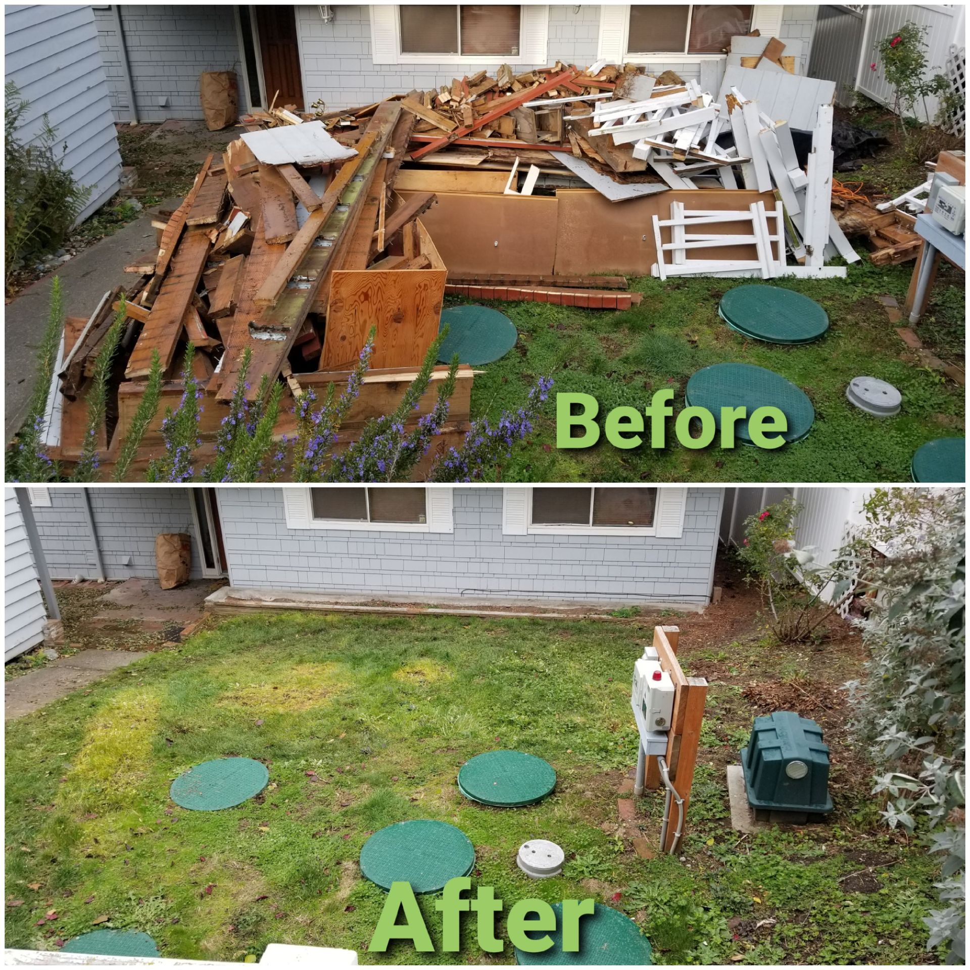 Before and after photos of a yard, showing a pile of construction debris removed to reveal green lawn and septic access.