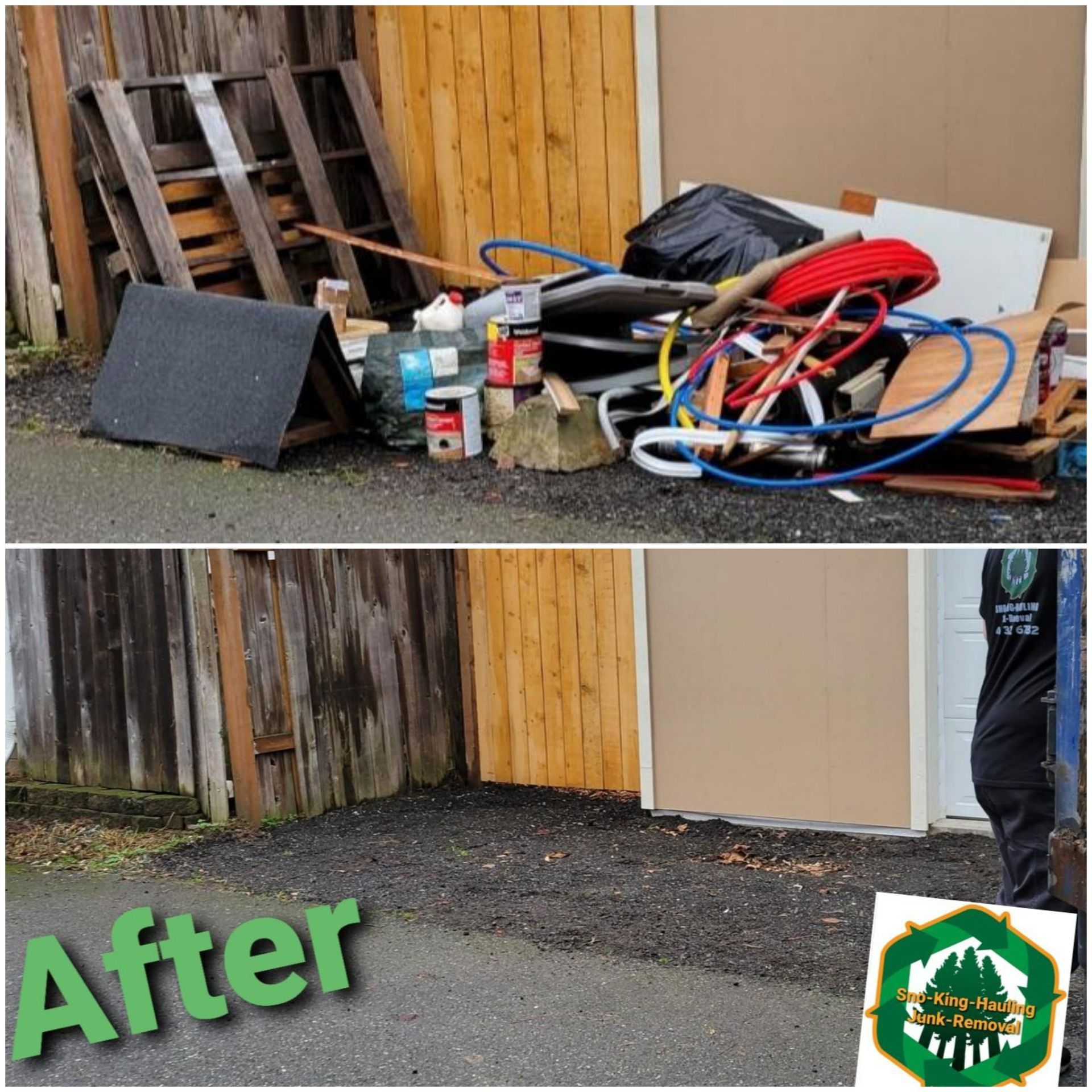 Before and after photo of a junk removal service clearing a pile of debris and materials from a gravel area by a fence.