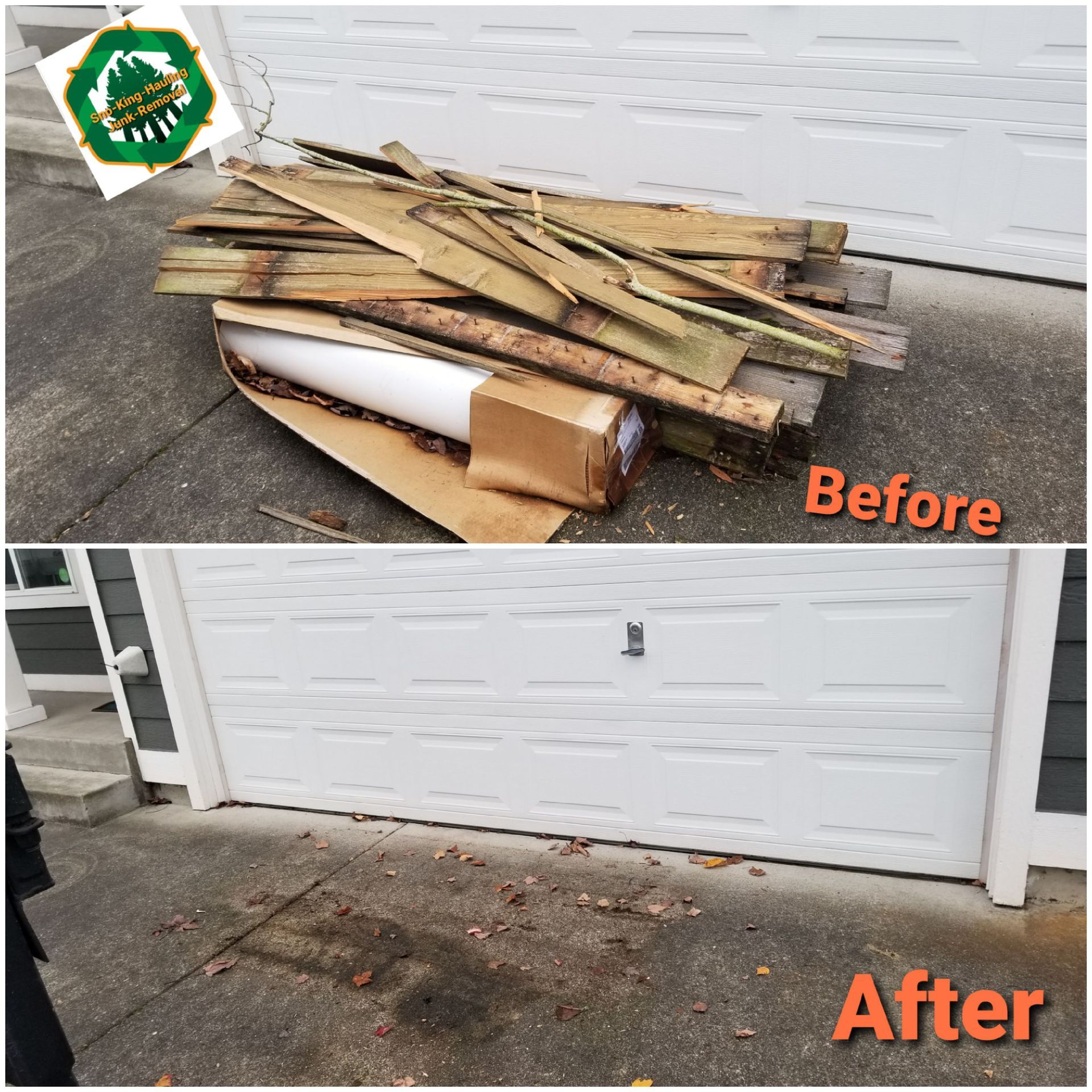 Before and after photo of a garage driveway, showing a pile of wooden debris cleared away to reveal a clean concrete floor.
