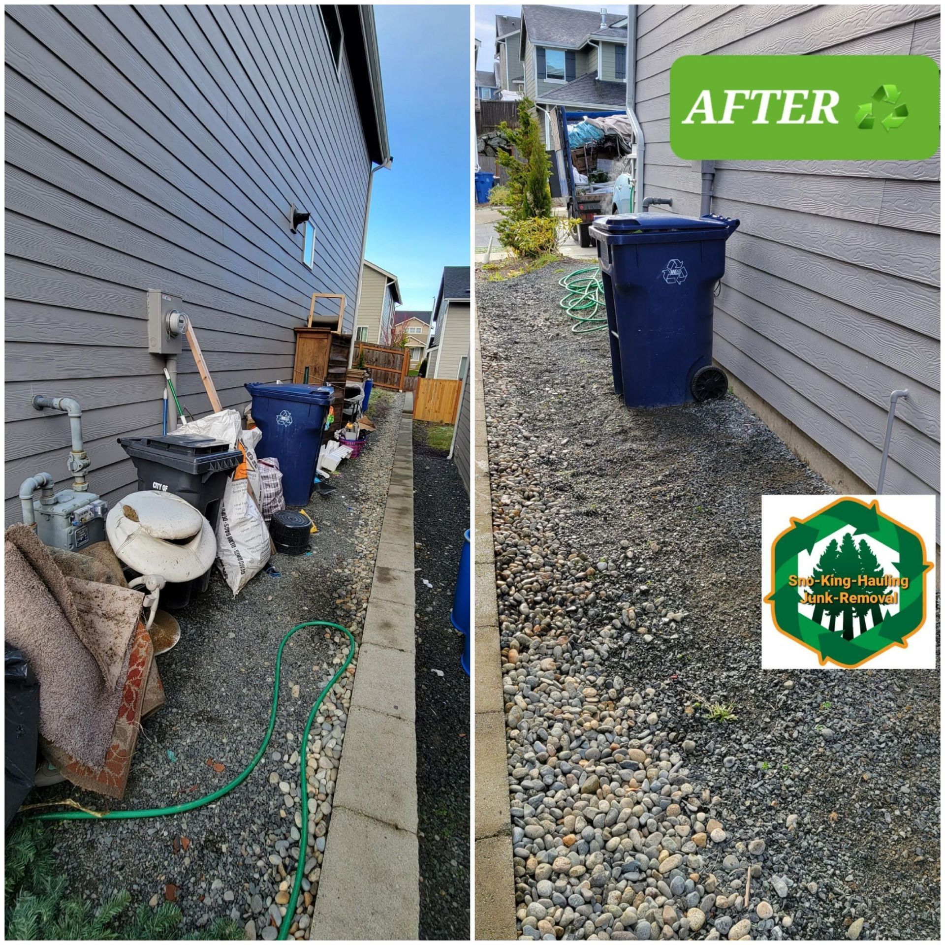 Before and after photos showing a side yard cleared of trash and debris, leaving only a blue recycling bin on gravel.