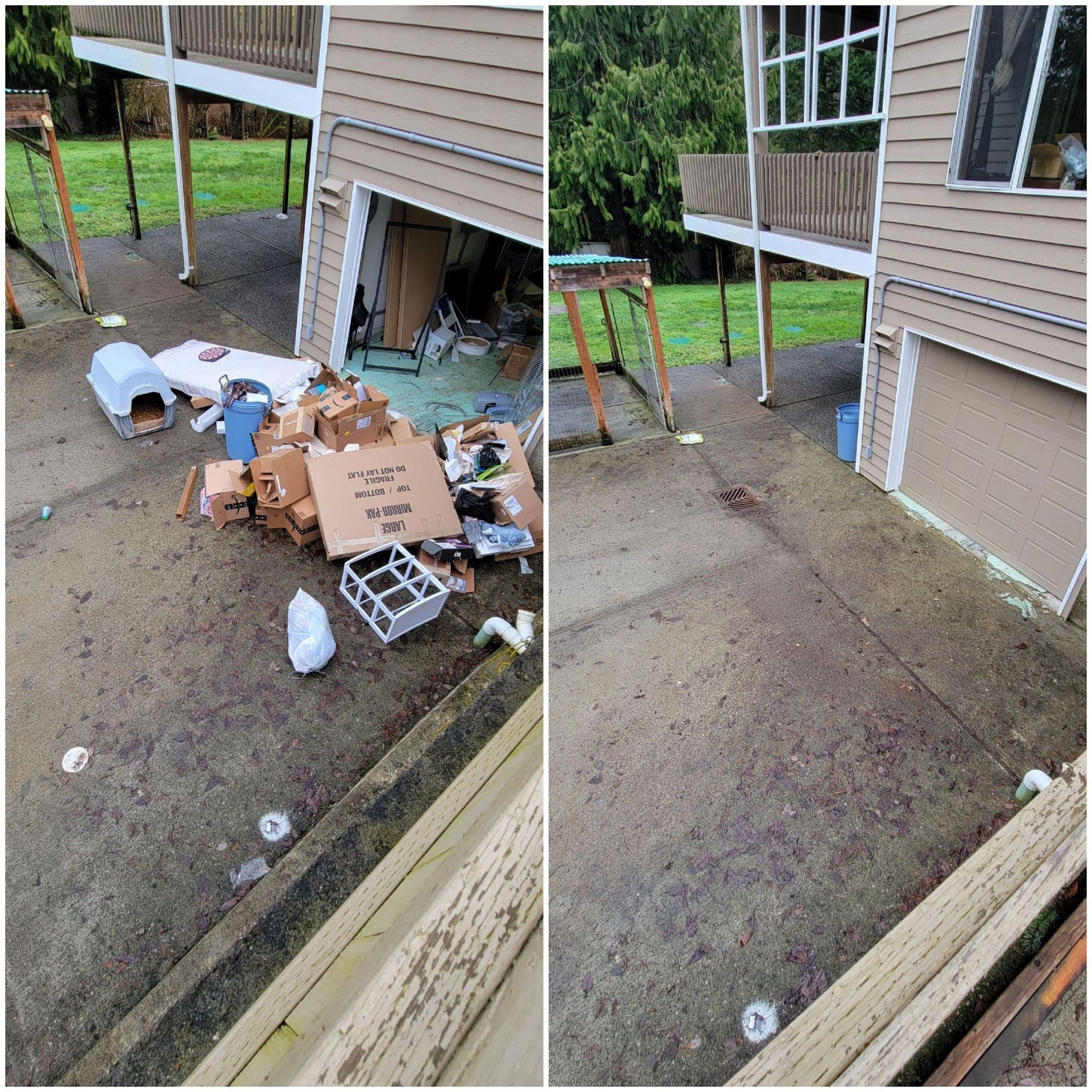 Before and after photos of a residential patio, showing a pile of trash removed from an open garage area.