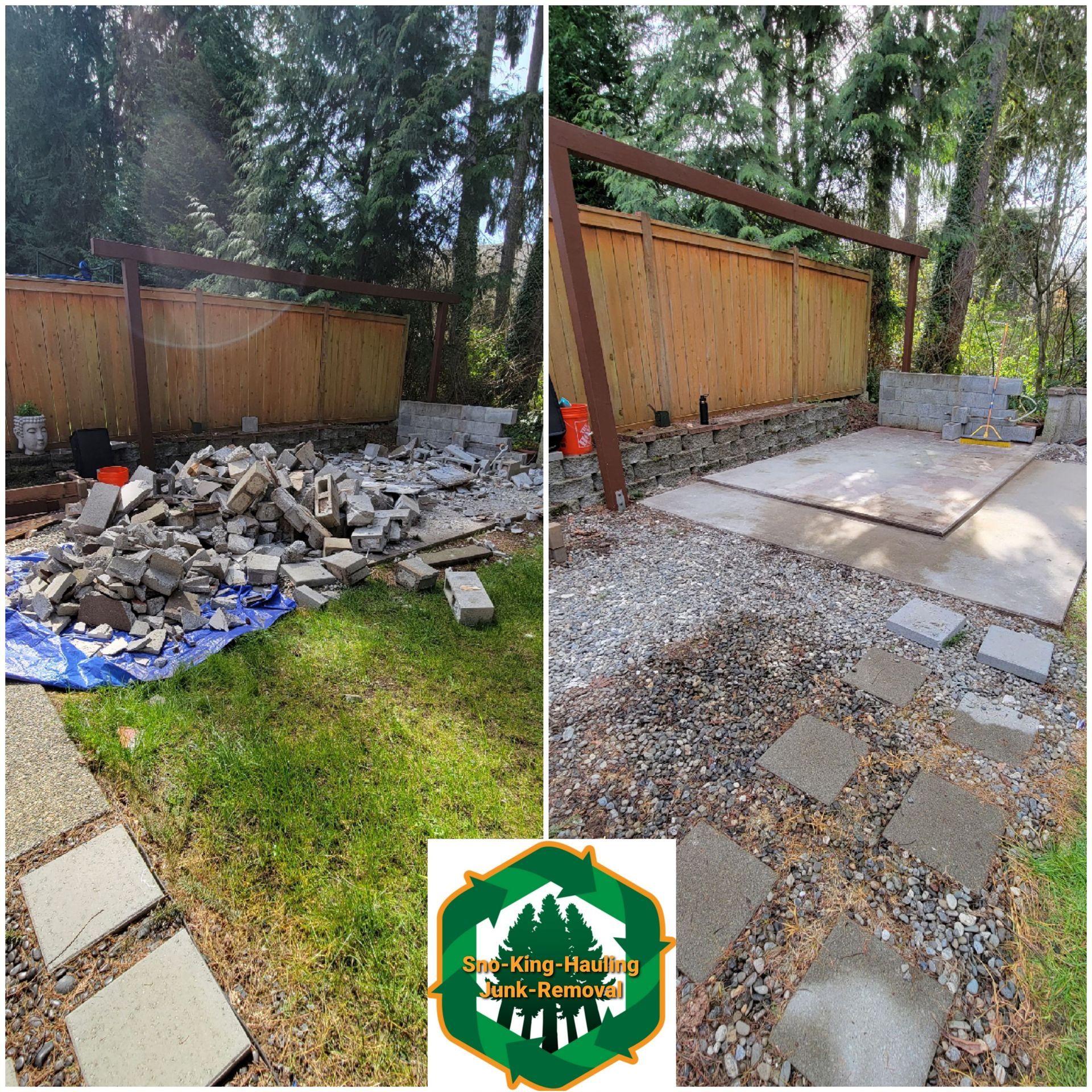 Before-and-after photo of a backyard debris removal, showing a pile of concrete cleared to reveal a clean patio area.
