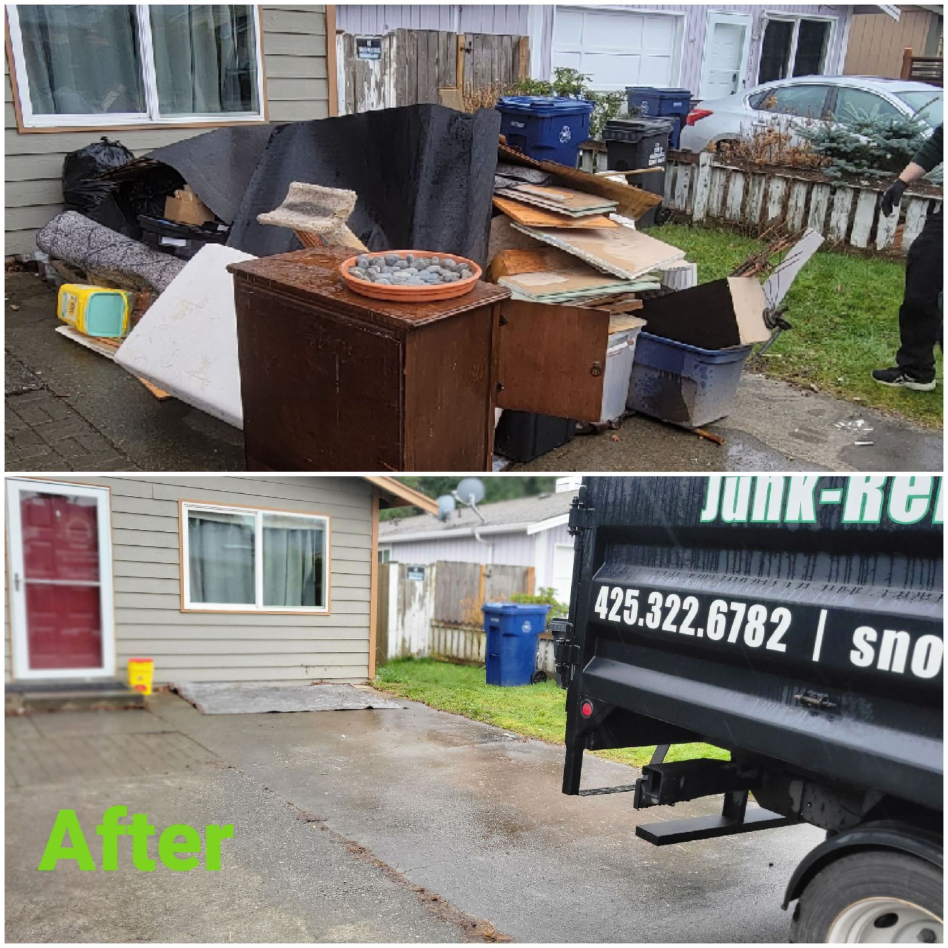 Before and after photos of a driveway being cleared of a large pile of junk and debris by a removal service truck.