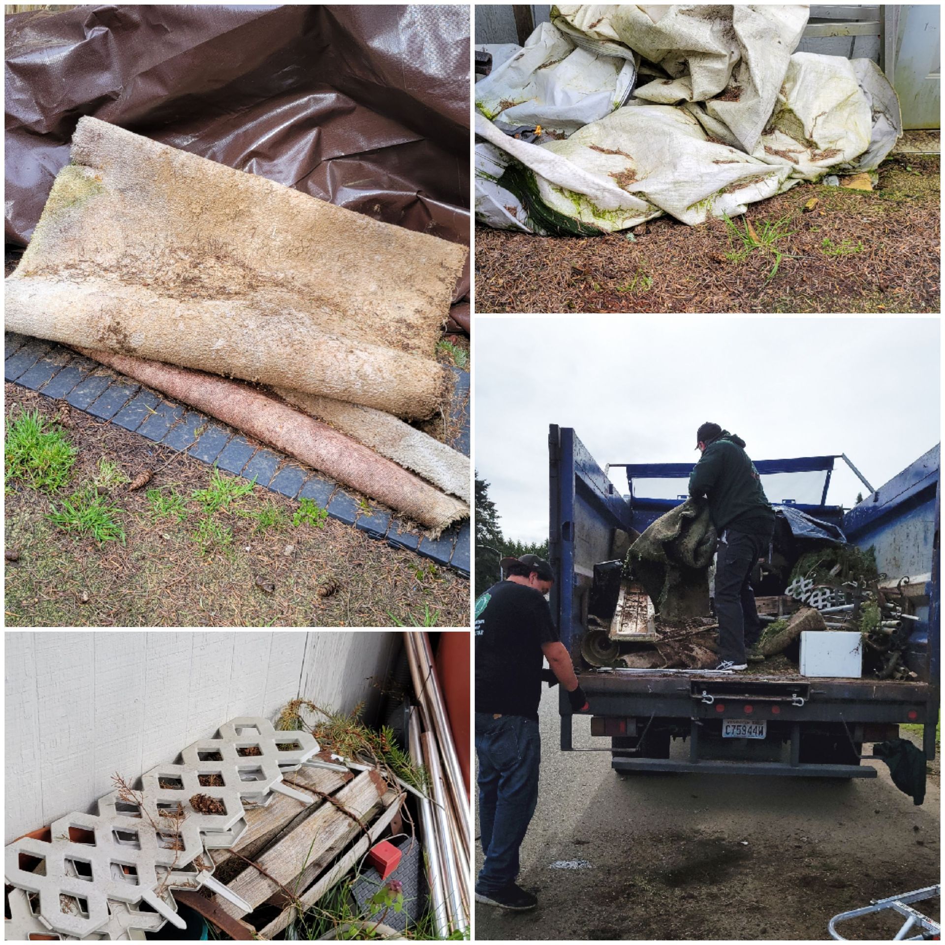 A collage showing various piles of junk and debris being loaded into the back of a blue truck.