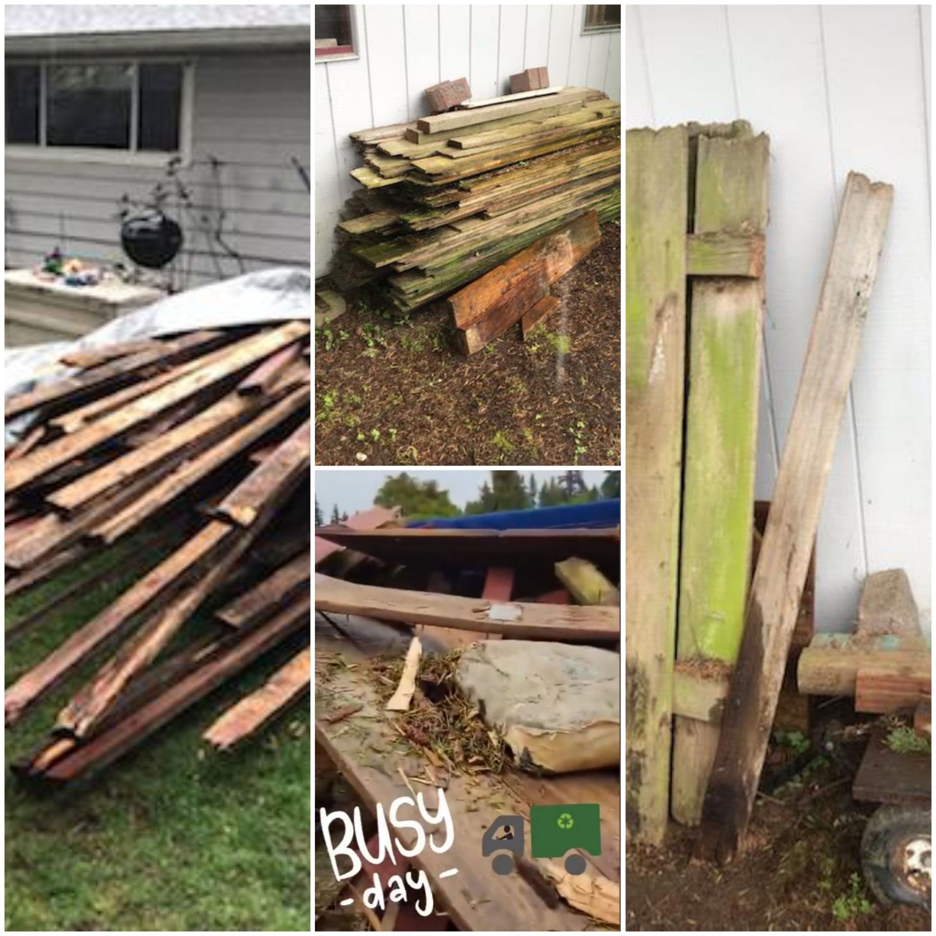 A collage of photos showing piles of weathered wood planks and debris being cleared from a yard.