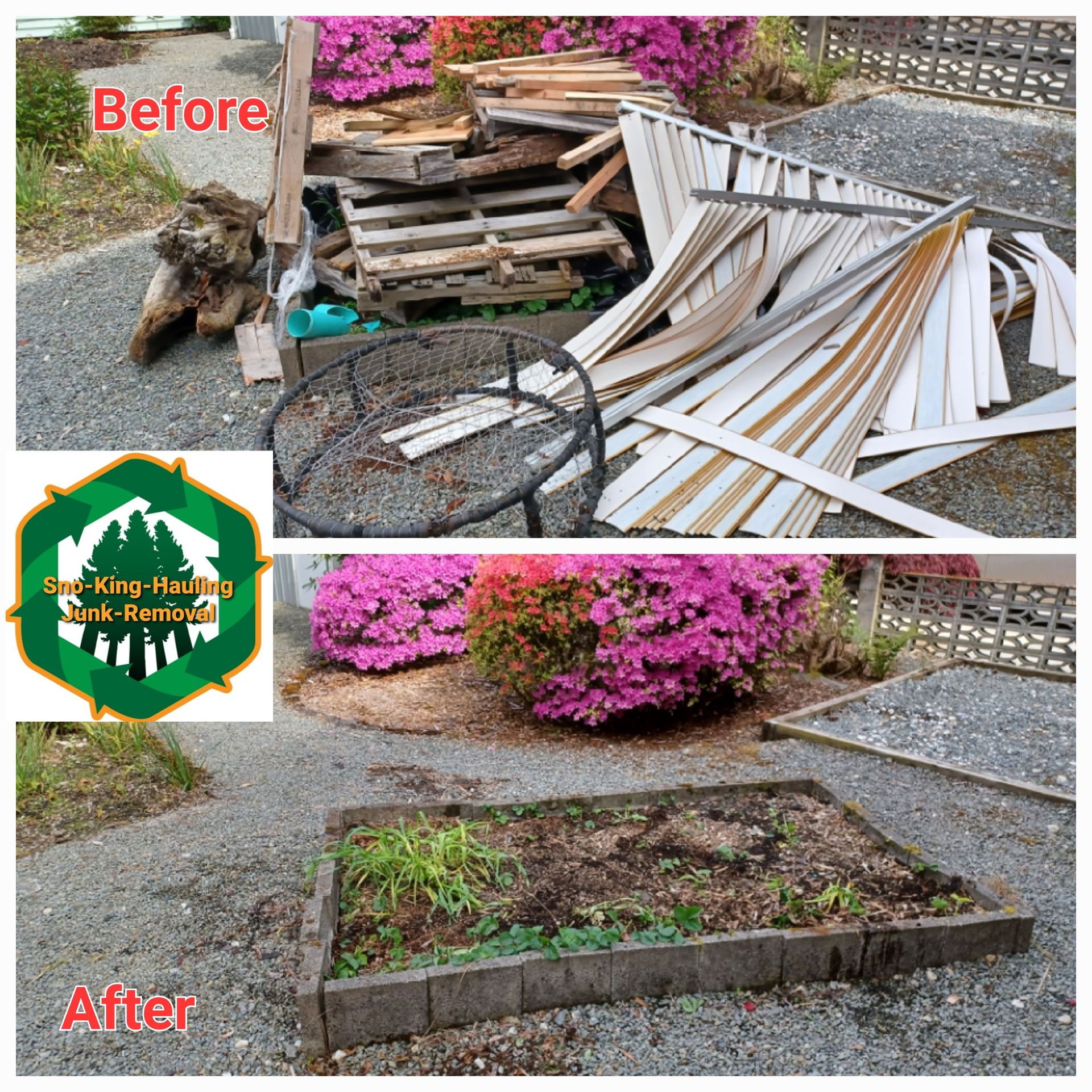 Before and after photos of a yard cleanup, showing debris removed to reveal a stone garden bed and flowering bushes.