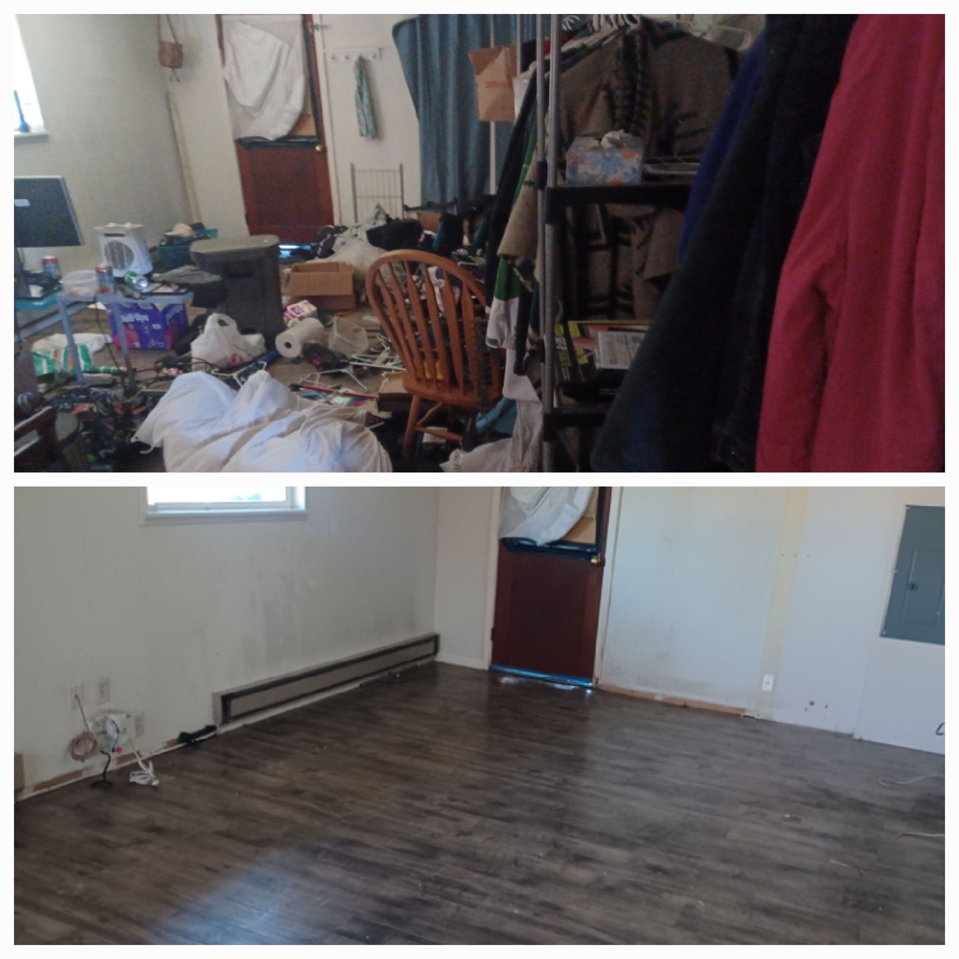 Before-and-after photos of a room: a cluttered living space transformed into a clean, empty room with new wood flooring.