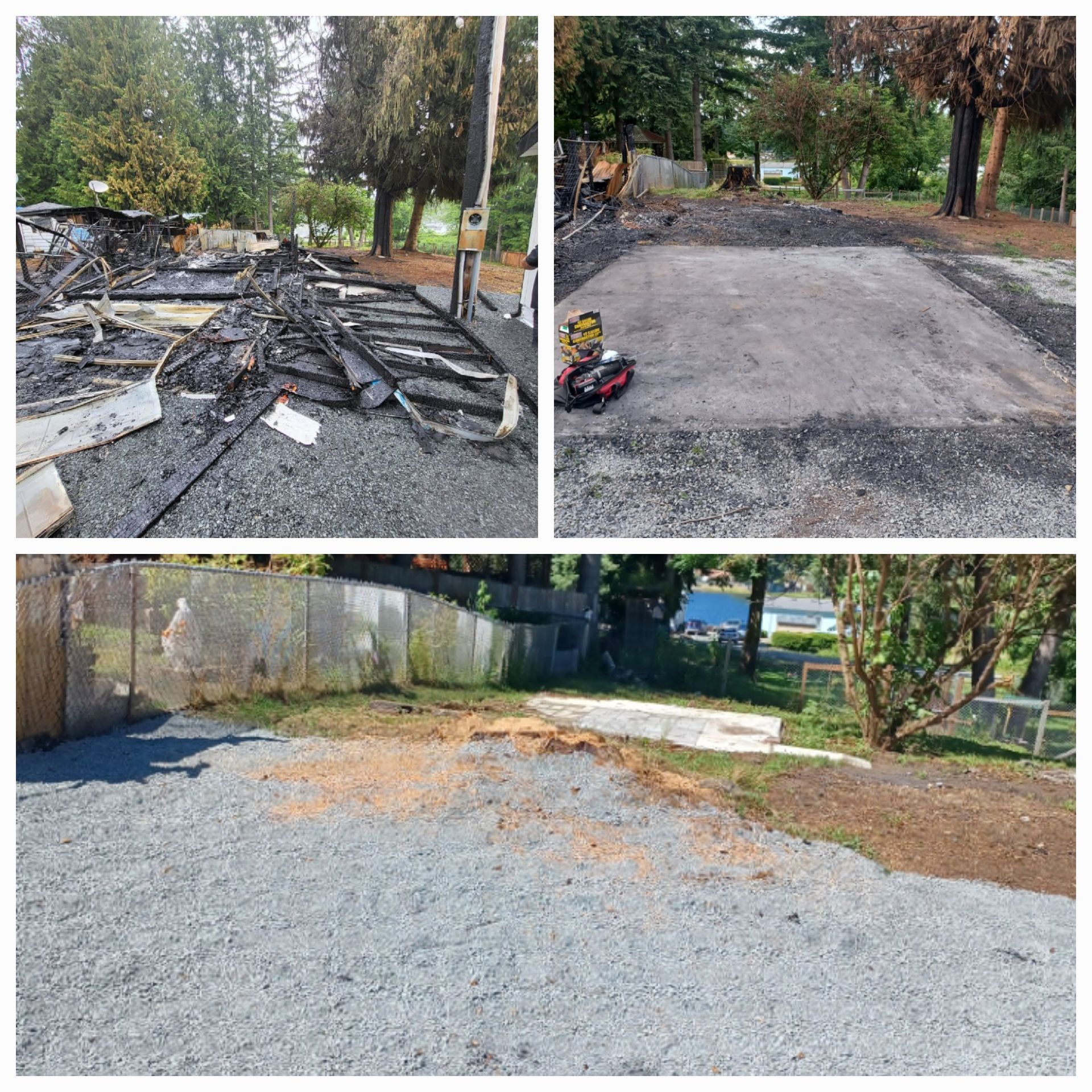 Three panels showing a site before, during, and after clearing debris from a fire-damaged structure on a gravel lot.