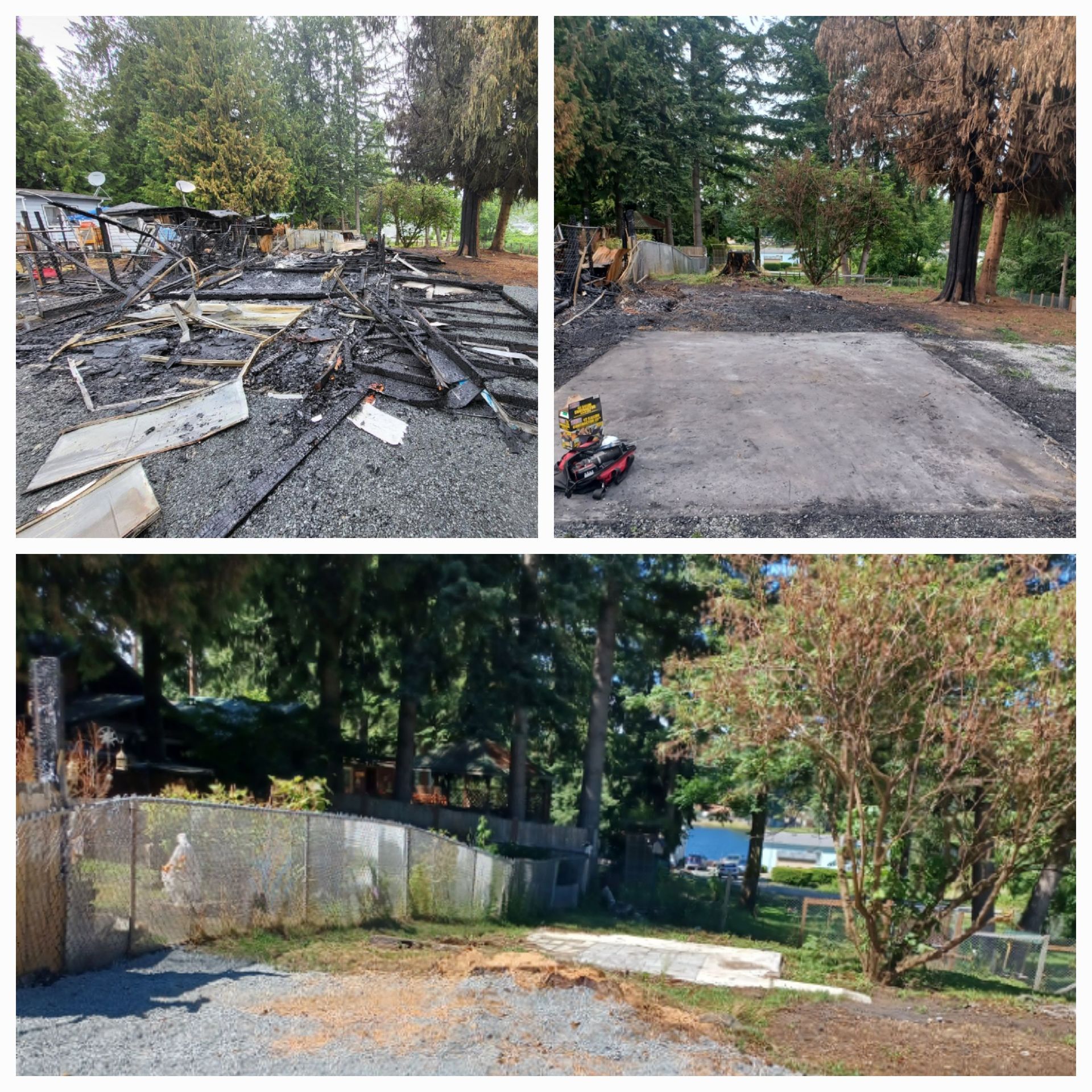 A collage showing a fire-damaged site being cleared, transitioning from debris to a clean, empty gravel and concrete lot.