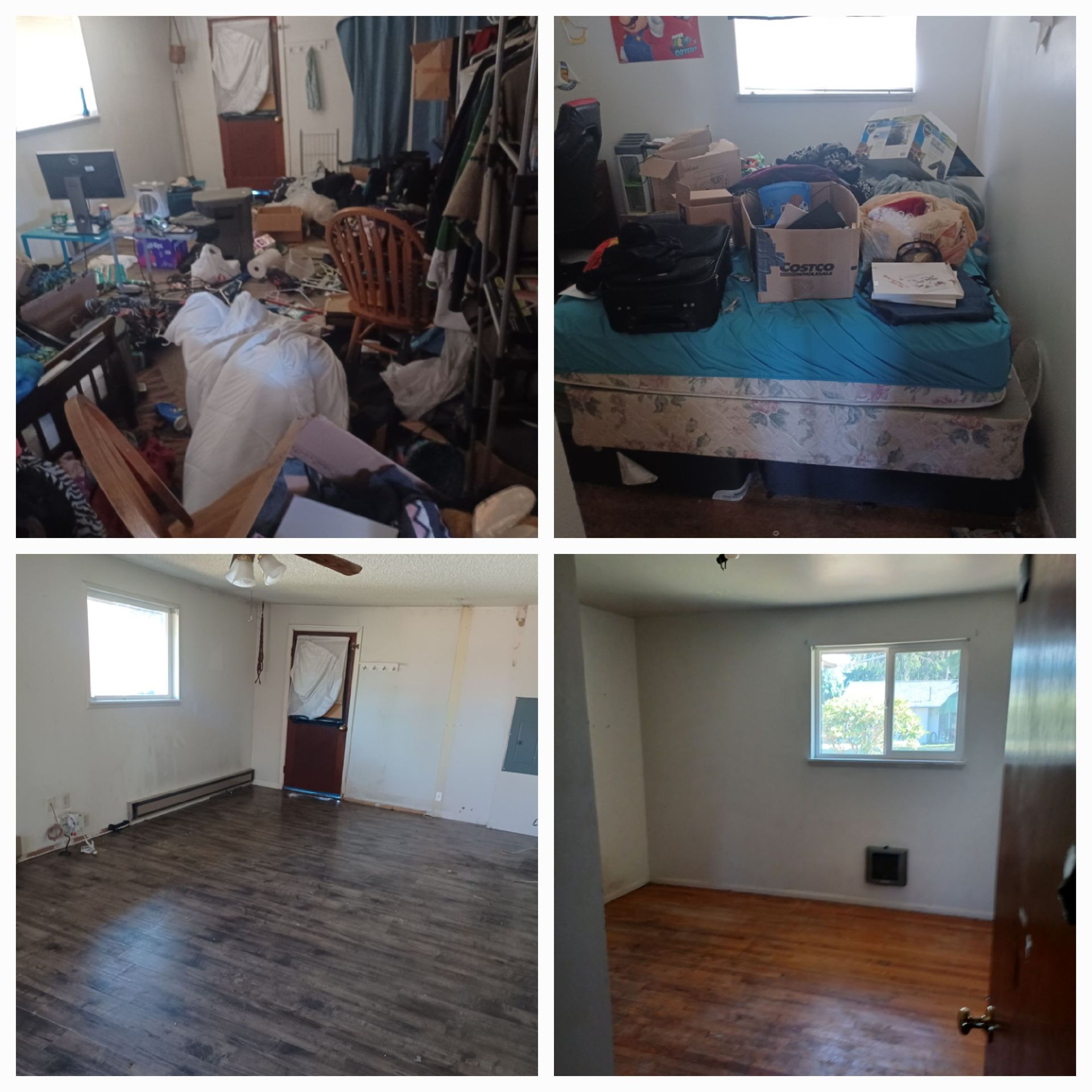 A four-part collage showing two rooms before and after cleaning, transitioning from cluttered states to empty spaces.