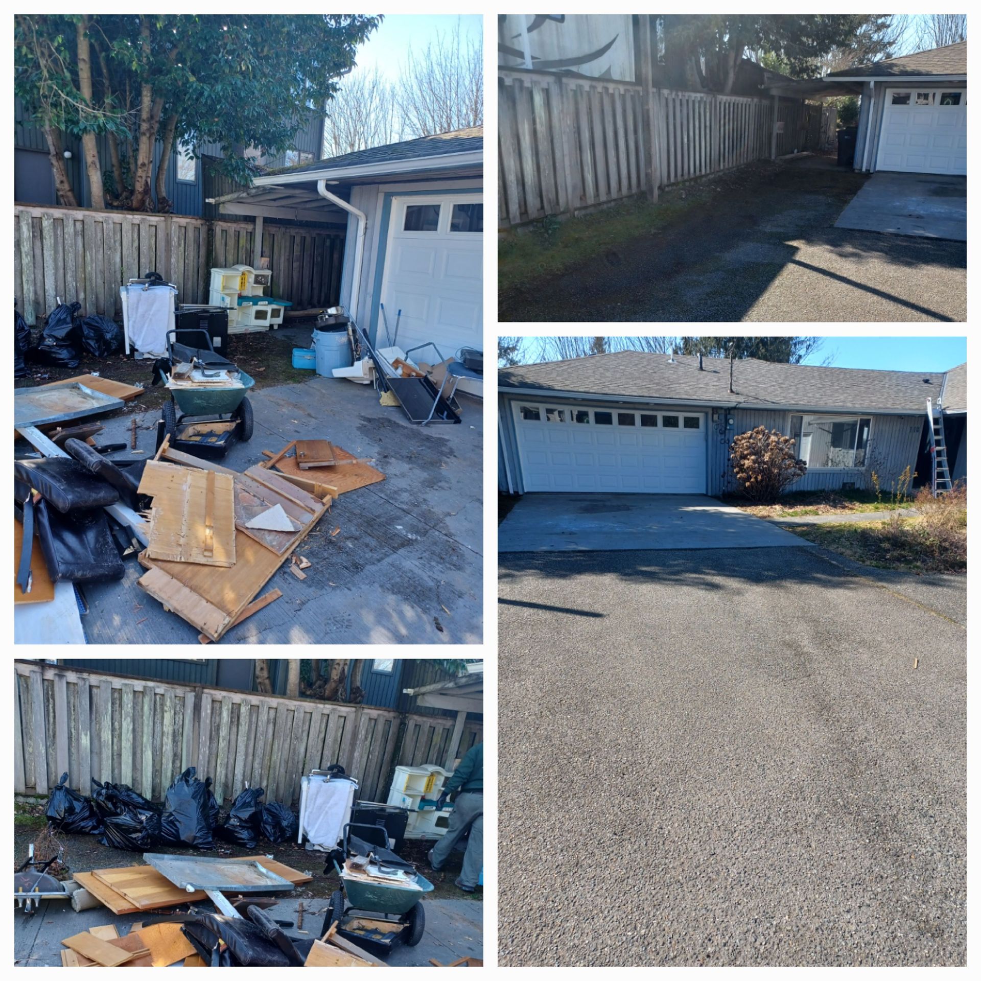 A collage of a house exterior, showing a driveway and garage, with piles of trash and debris accumulated in the yard.