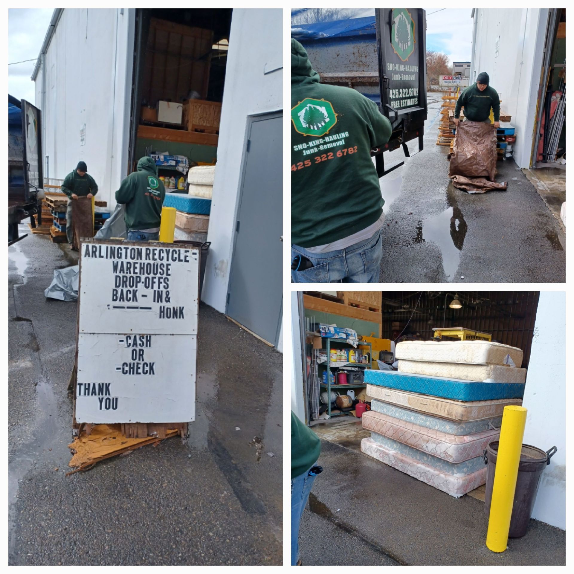A recycling center with workers moving scrap, a stack of mattresses, and a sign directing drop-offs to the back.
