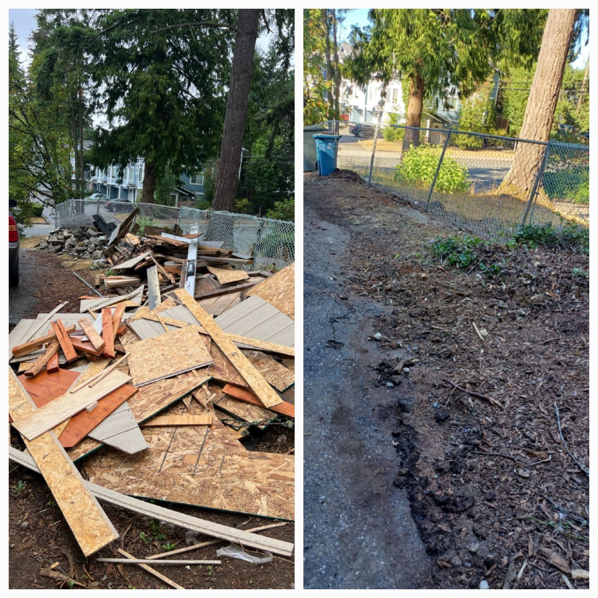 A split-screen comparison of a residential yard: left shows a pile of construction debris, right shows the cleared ground.