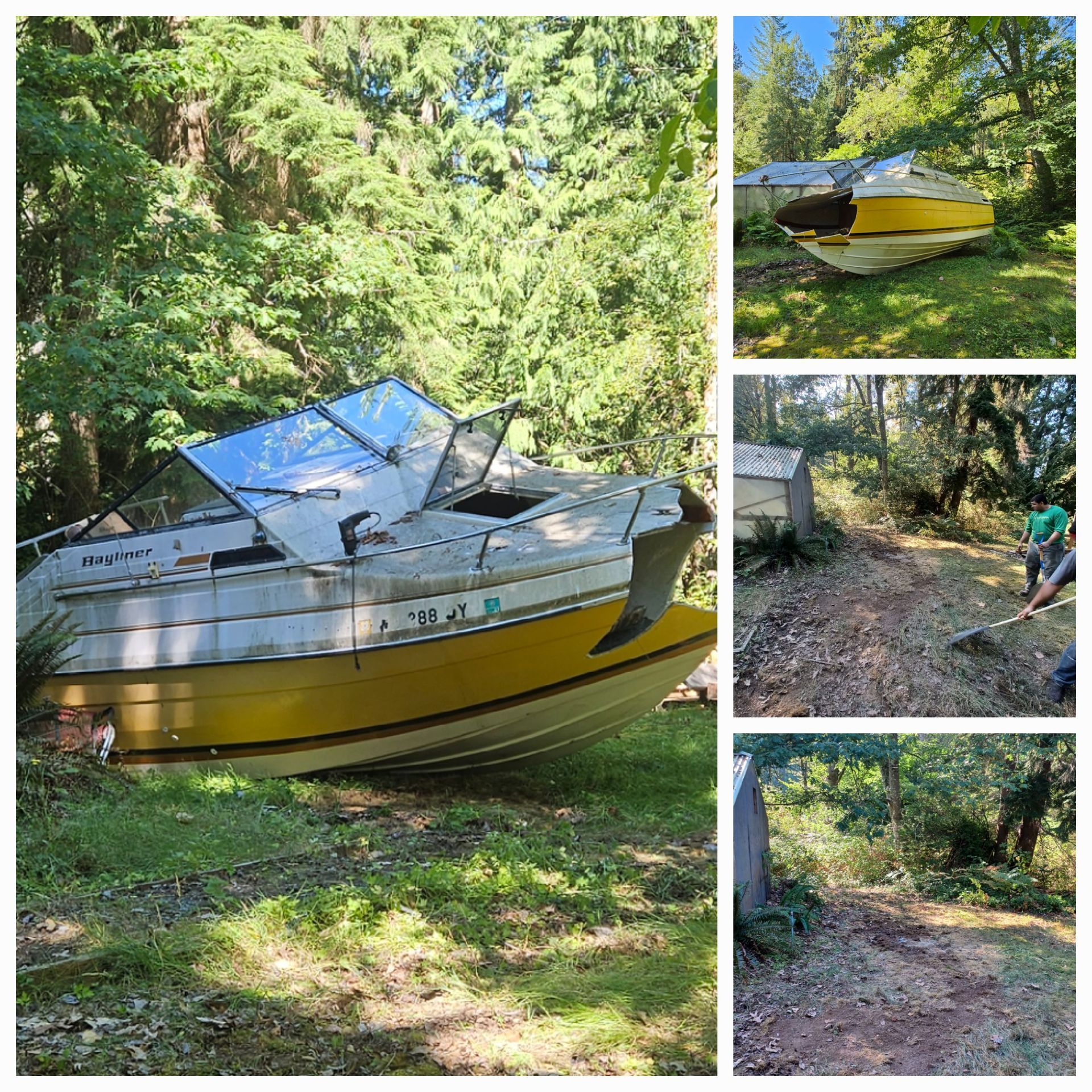 A yellow and white boat rests in a wooded area, with additional photos showing workers clearing debris nearby.