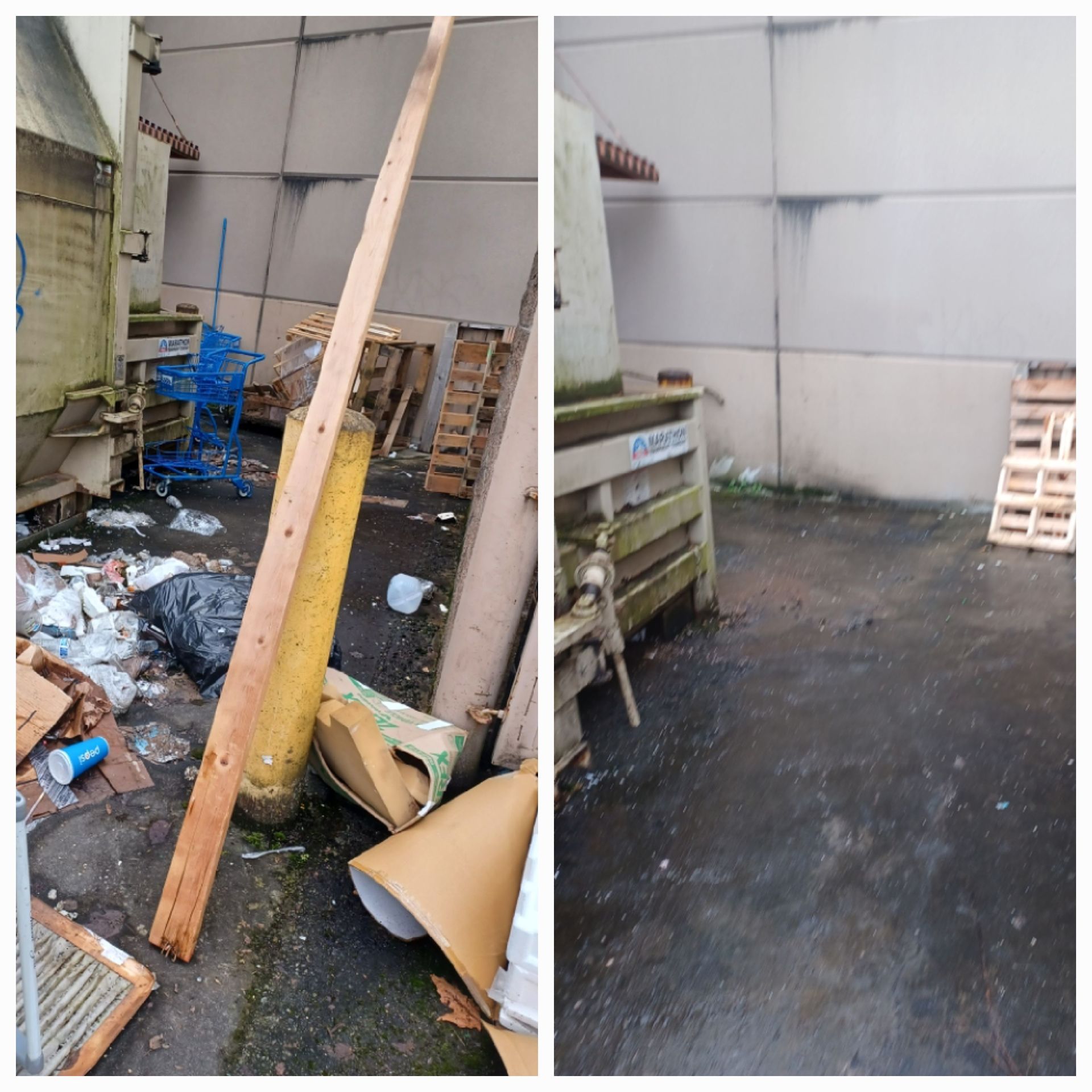 Side-by-side comparison of a cluttered outdoor loading area before and after it was cleaned.