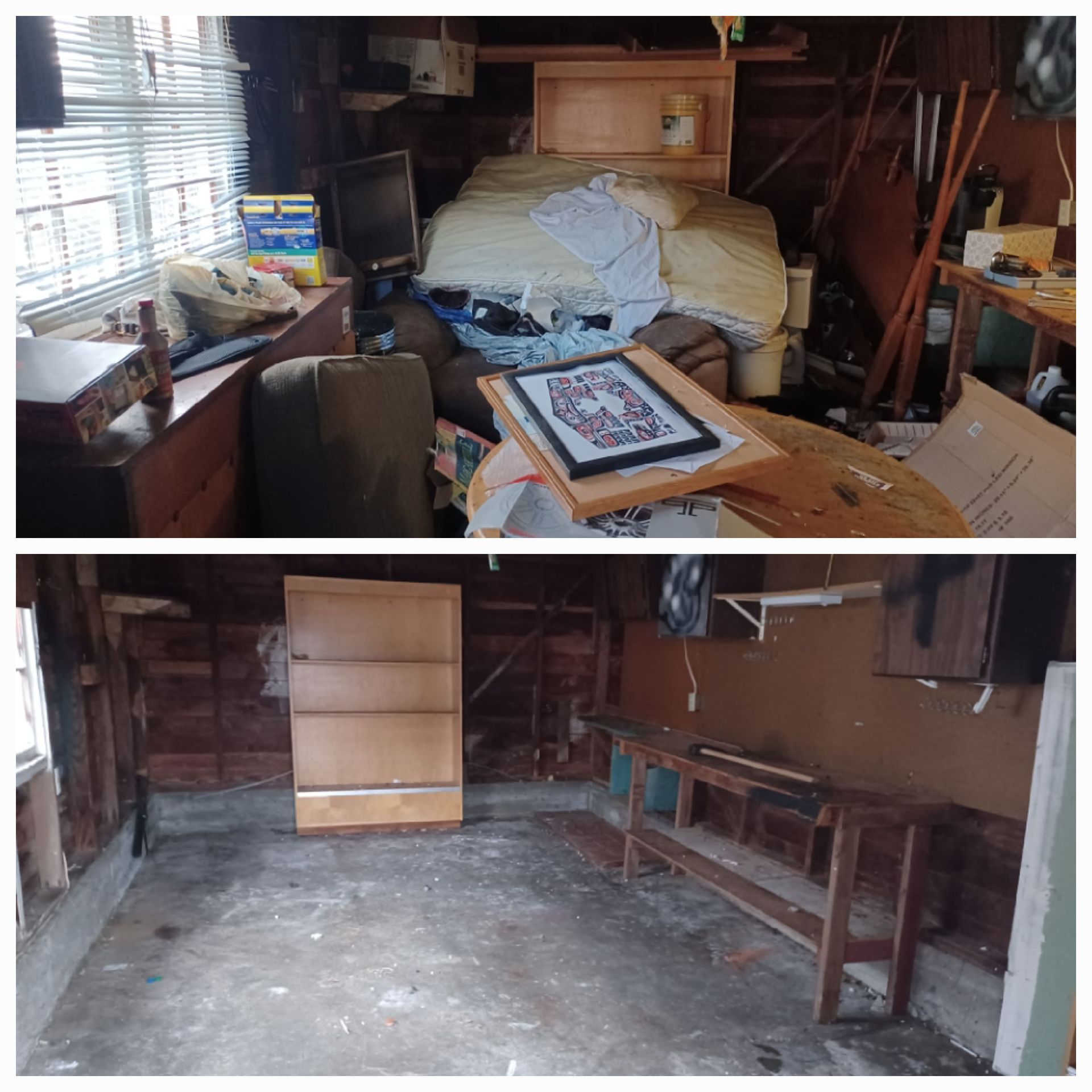 A before-and-after comparison showing a cluttered garage room filled with furniture and items, then cleared and cleaned.