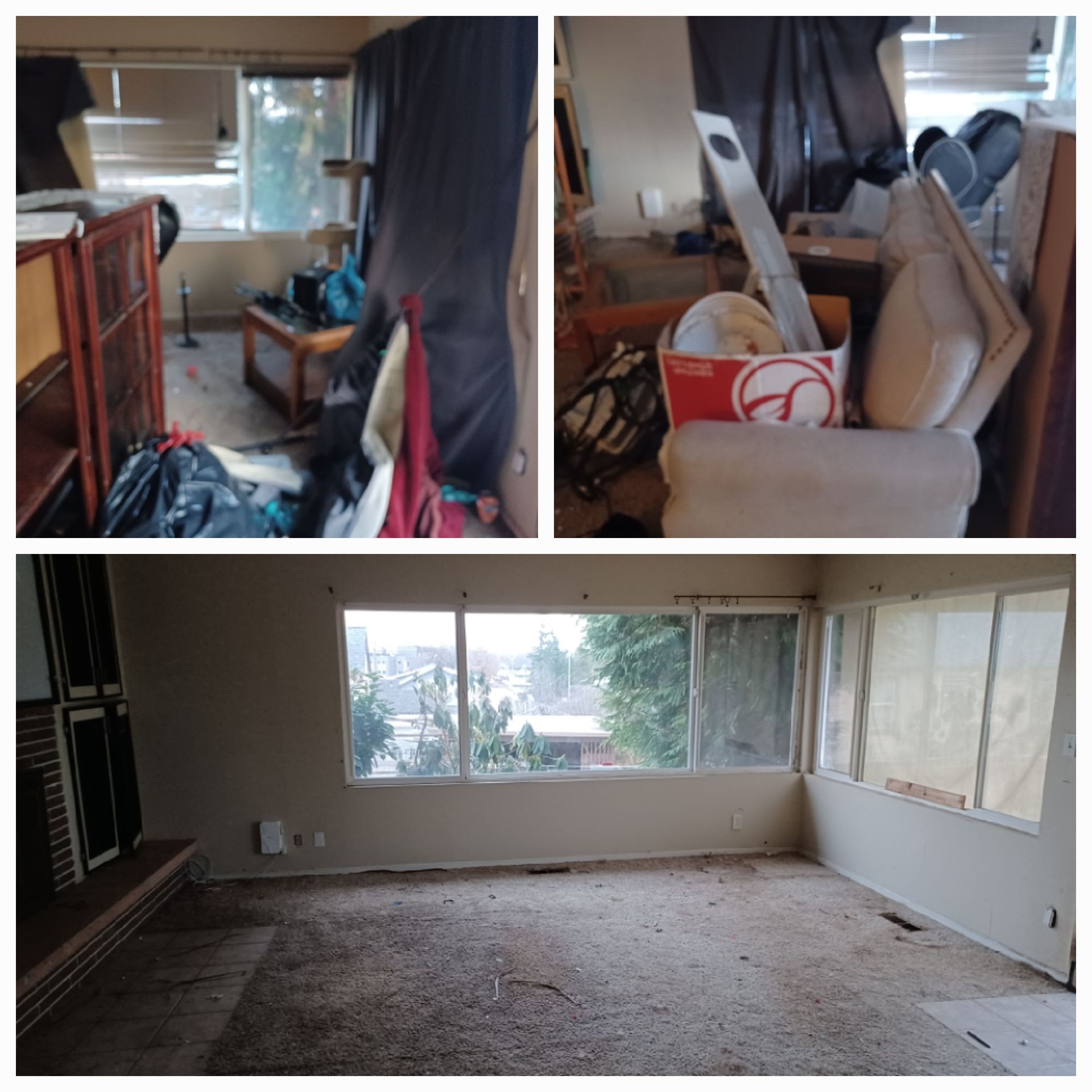 A collage showing a cluttered room with furniture and boxes, followed by the same space cleared and empty.