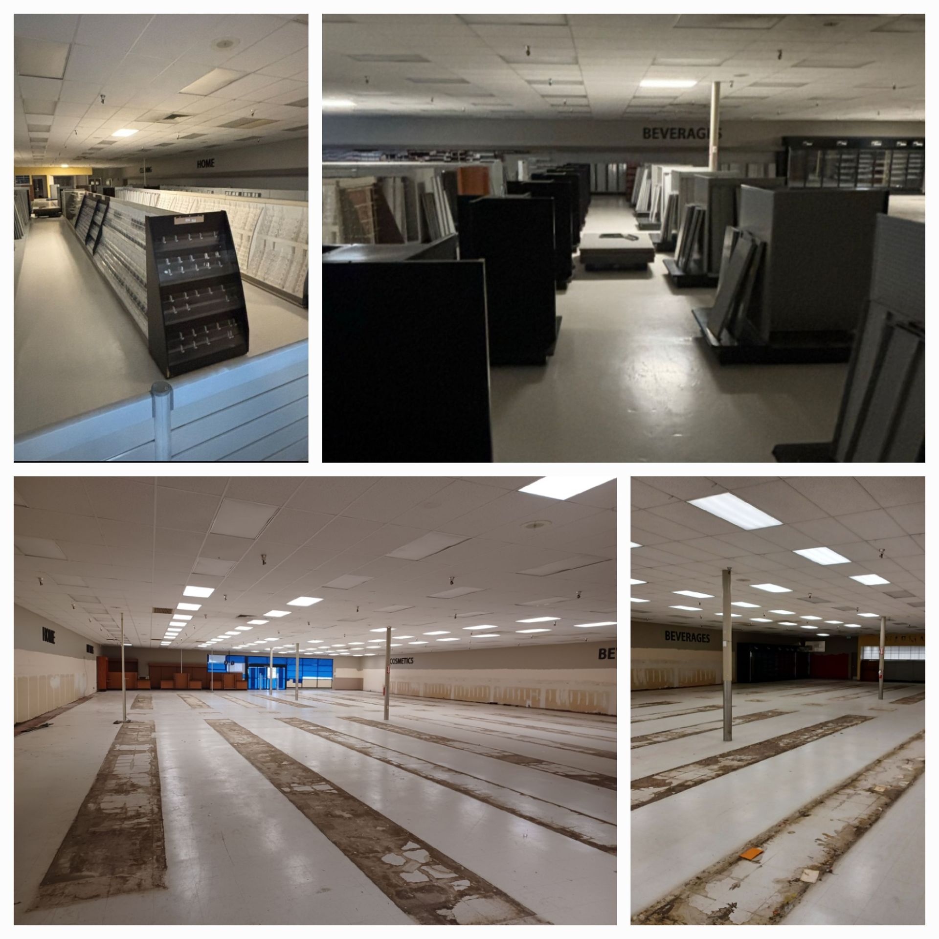 A collage showing an interior retail space in transition, with display shelving being removed, leaving exposed floor areas.