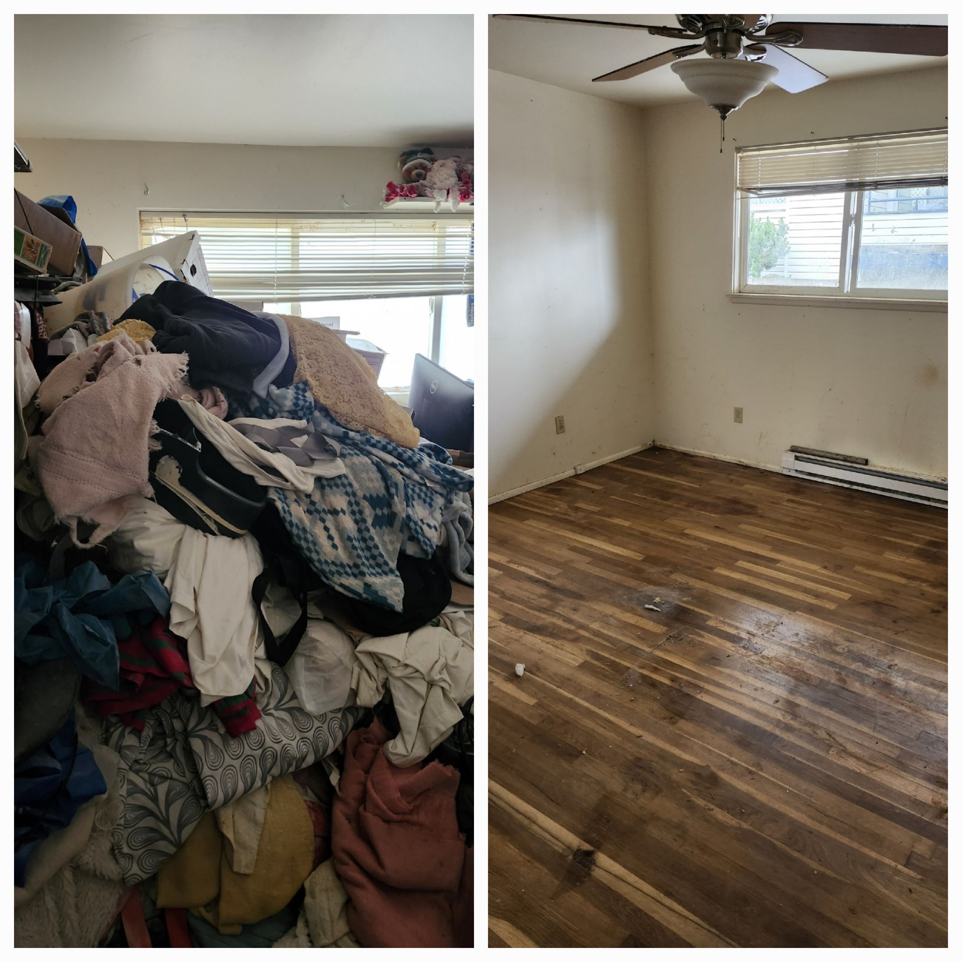 A before-and-after comparison of a room, showing a cluttered space full of fabrics followed by a clean, empty room.