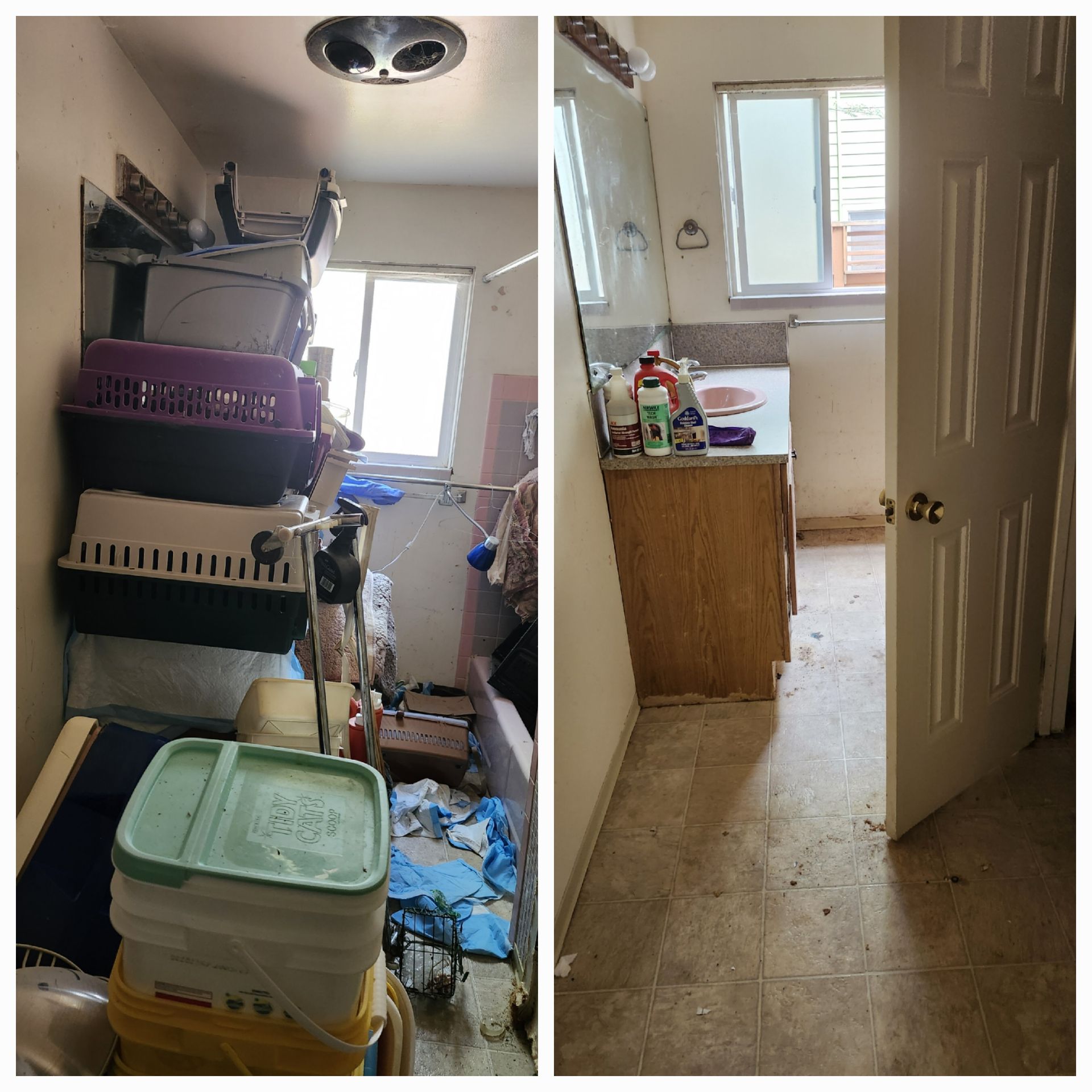 Split view of a cluttered room with stacked containers and a bathroom doorway with a vanity and window.