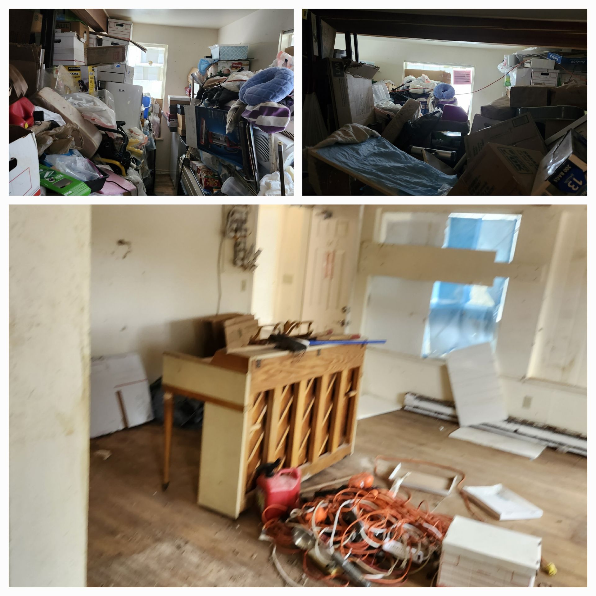 A collage showing three views of a cluttered, disorganized room with piles of boxes, furniture, and loose items.