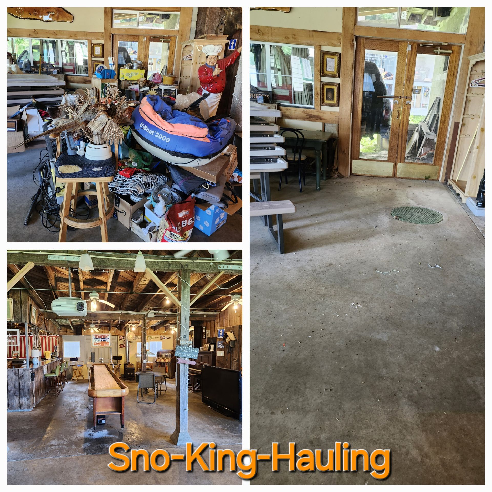 A collage of three interior photos showing junk removal before and after, labeled 