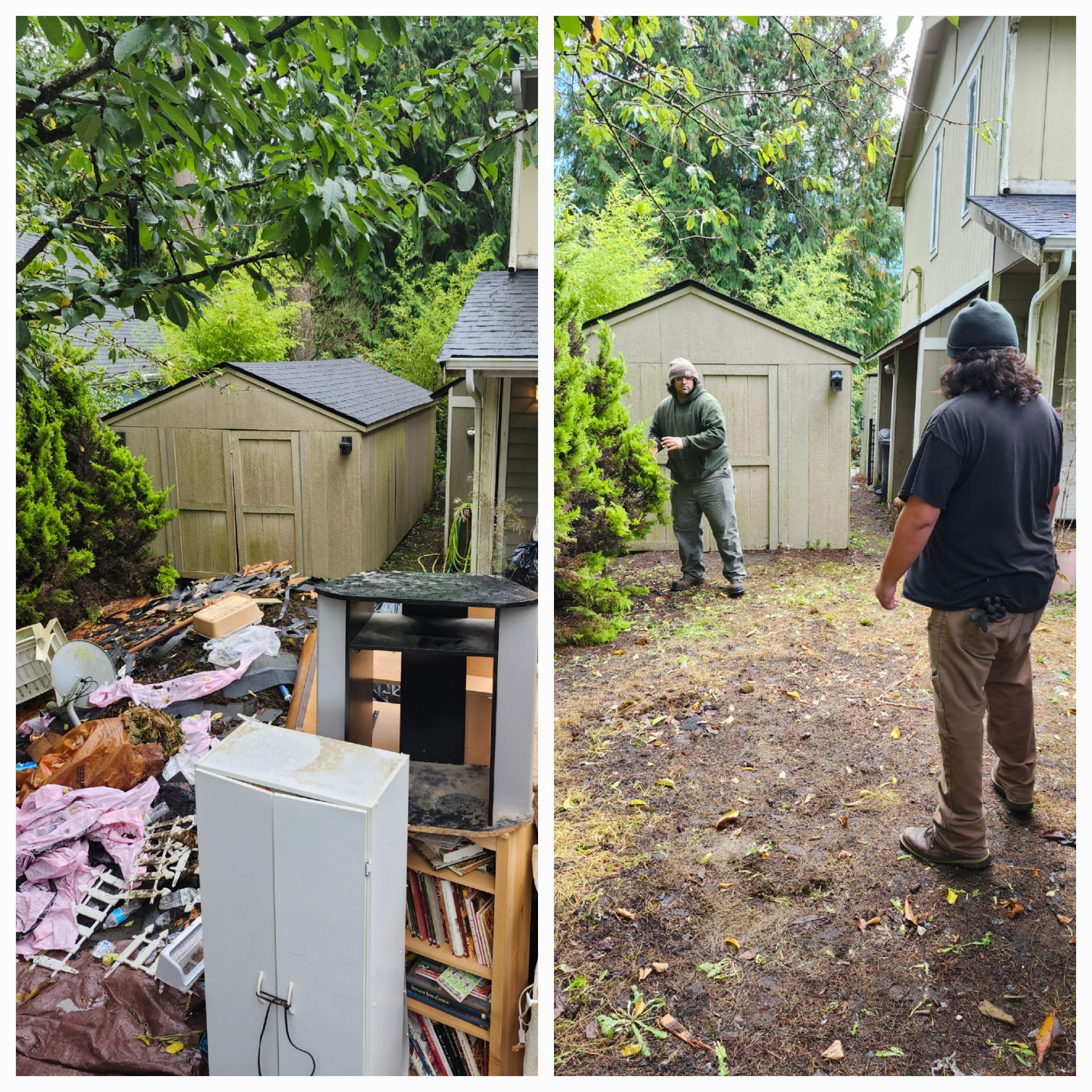 Before and after view of a yard being cleared of debris, with two people working near a shed in a wooded area.