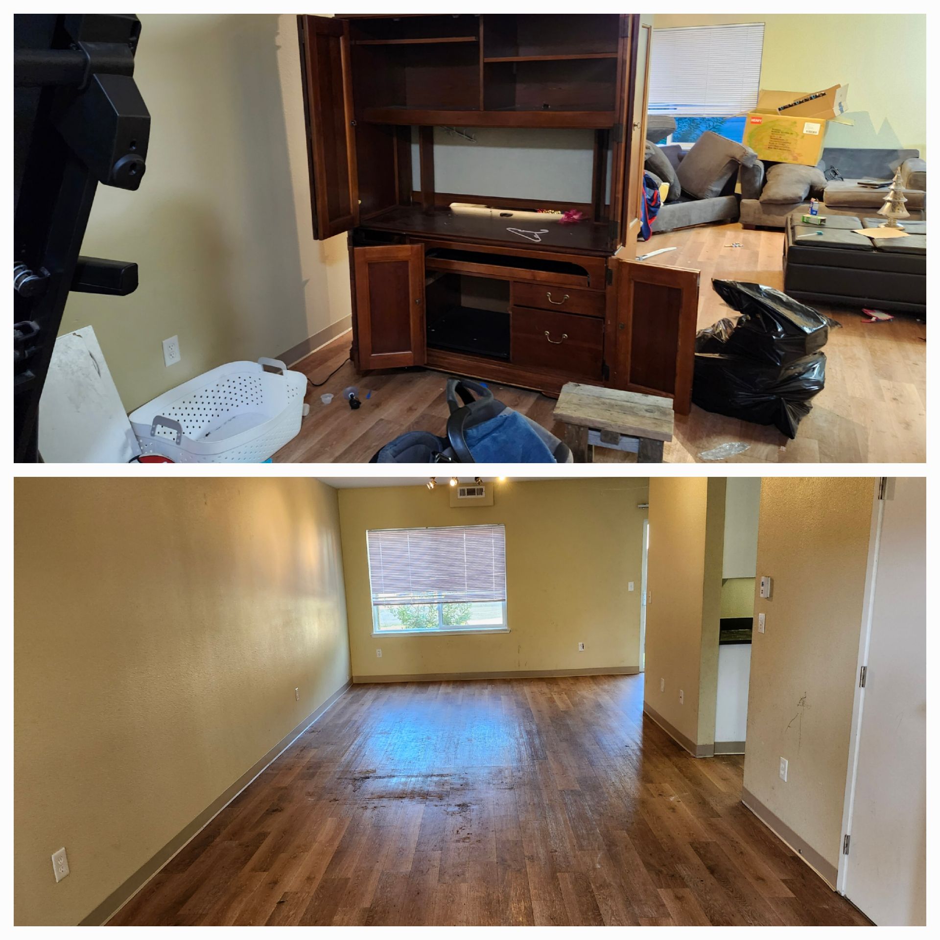 Before and after photos of a room: one shows furniture and clutter, the other shows an empty, cleaned space.