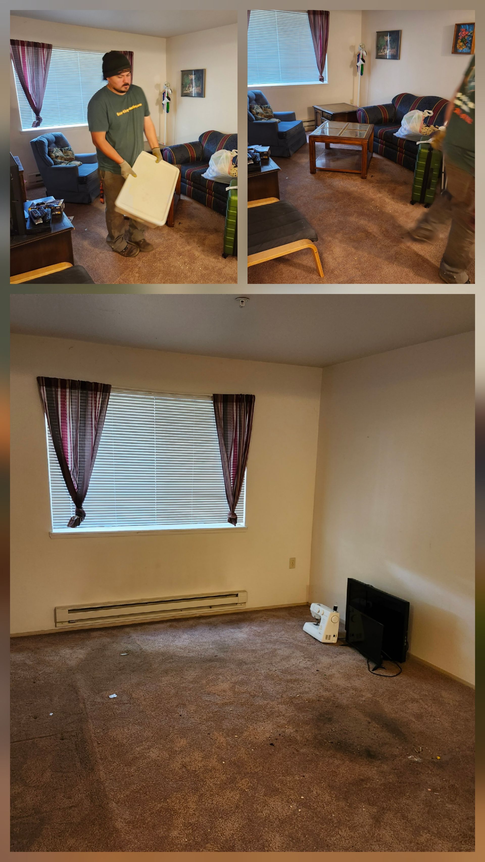 A person holds a white tabletop in a living room; the image also shows the room furnished and then empty.