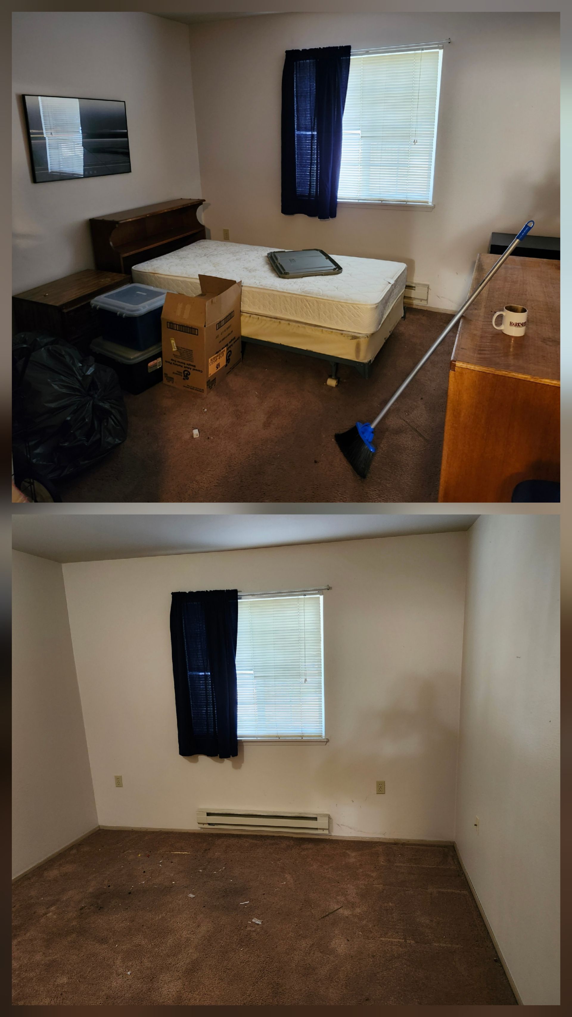 A side-by-side comparison of a bedroom, showing it cluttered with furniture and a mattress, then cleared and empty.