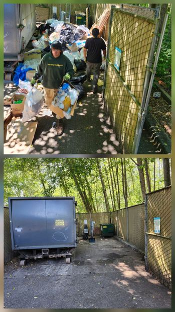 A before-and-after showing two people cleaning a debris-filled outdoor enclosure and the resulting clear, empty space.