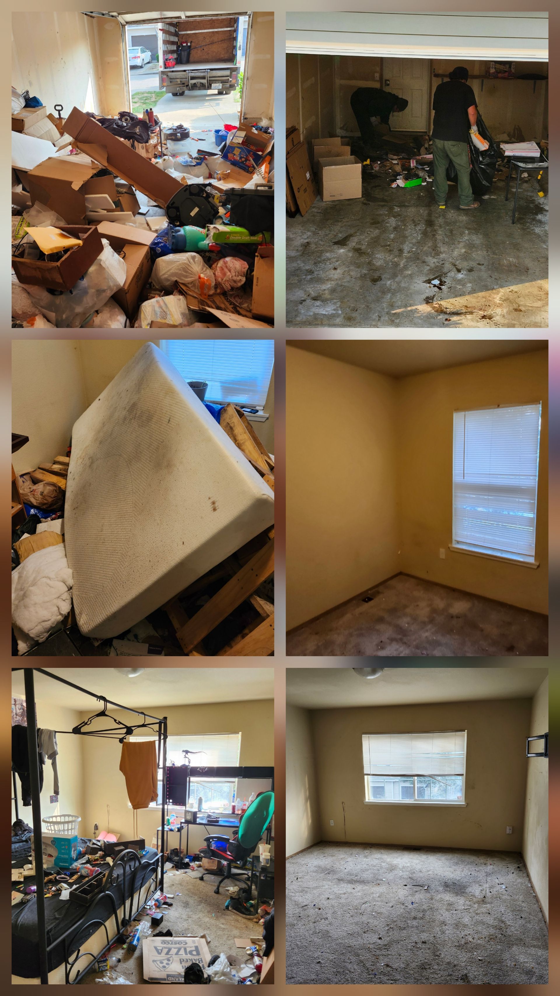 Before and after photos of a home showing rooms cleaned of clutter, trash, and furniture, leaving them empty and tidy.
