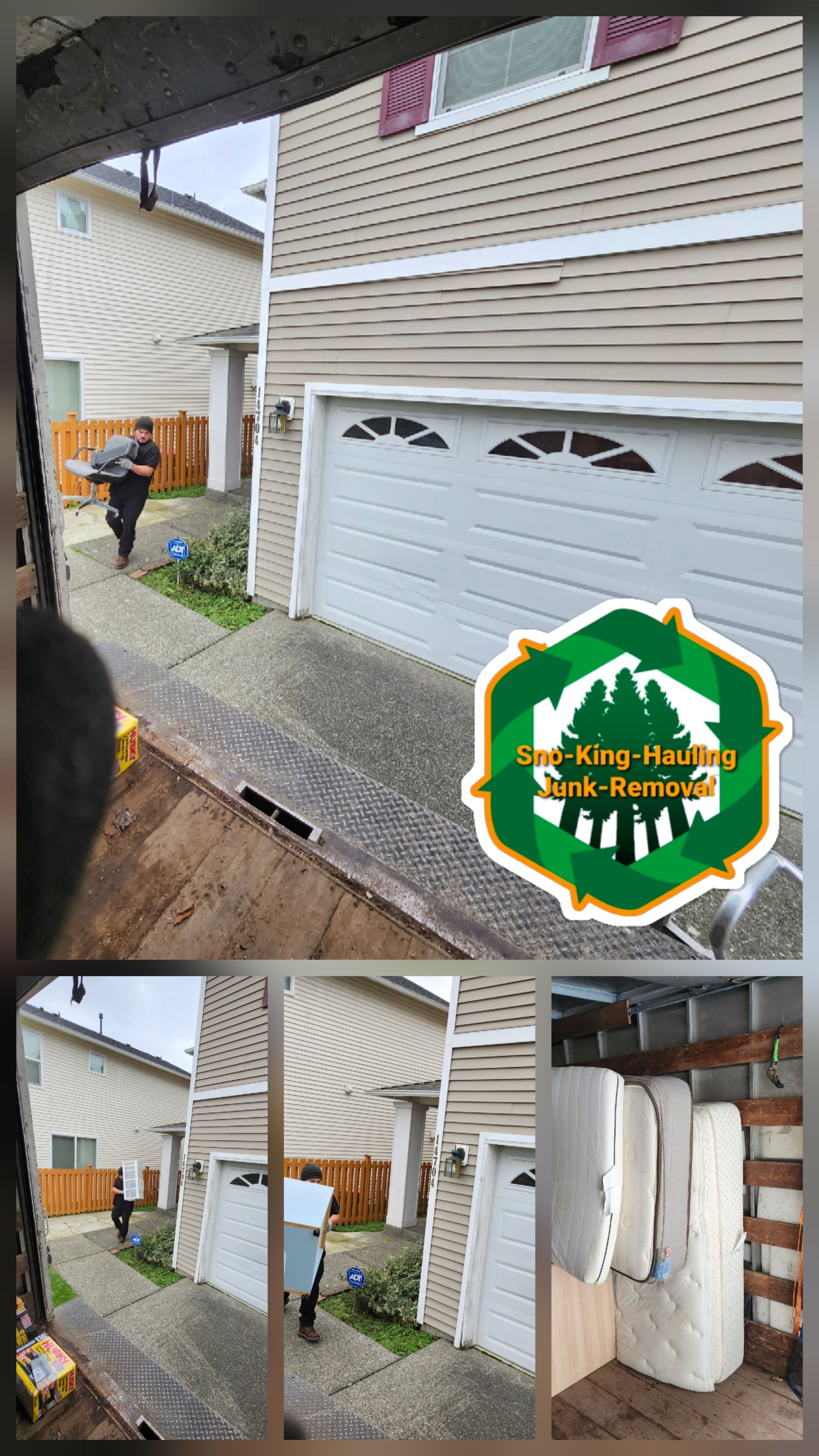 A person carries large white panels toward a suburban garage, with inset views showing the transit and storage process.