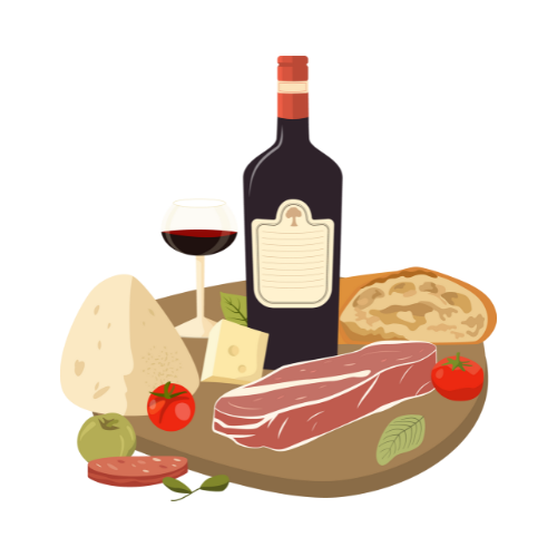 Una bottiglia di vino, un bicchiere di vino, formaggio, carne e verdure su un tagliere.