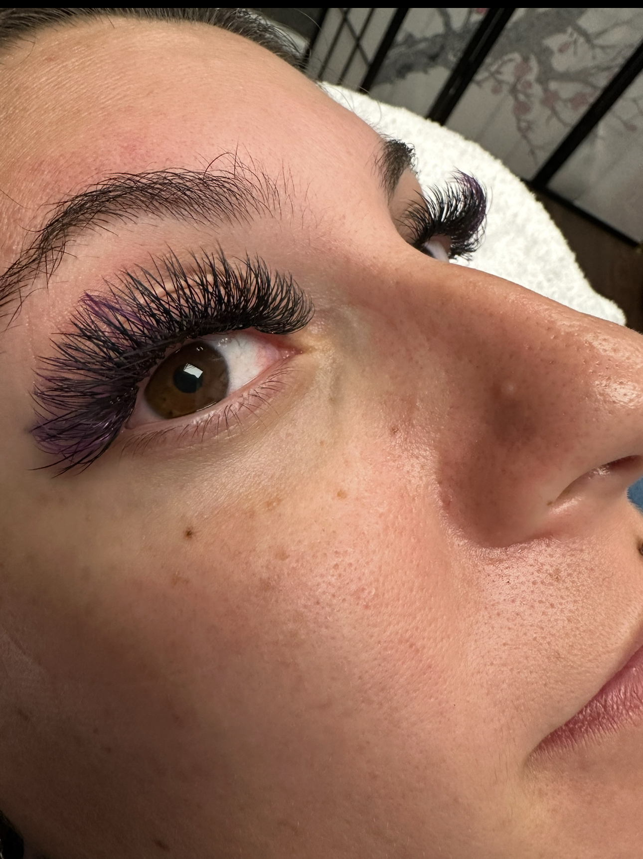Close-up of a person's eye with long, purple eyelash extensions. Brown eye, angled view, indoors.