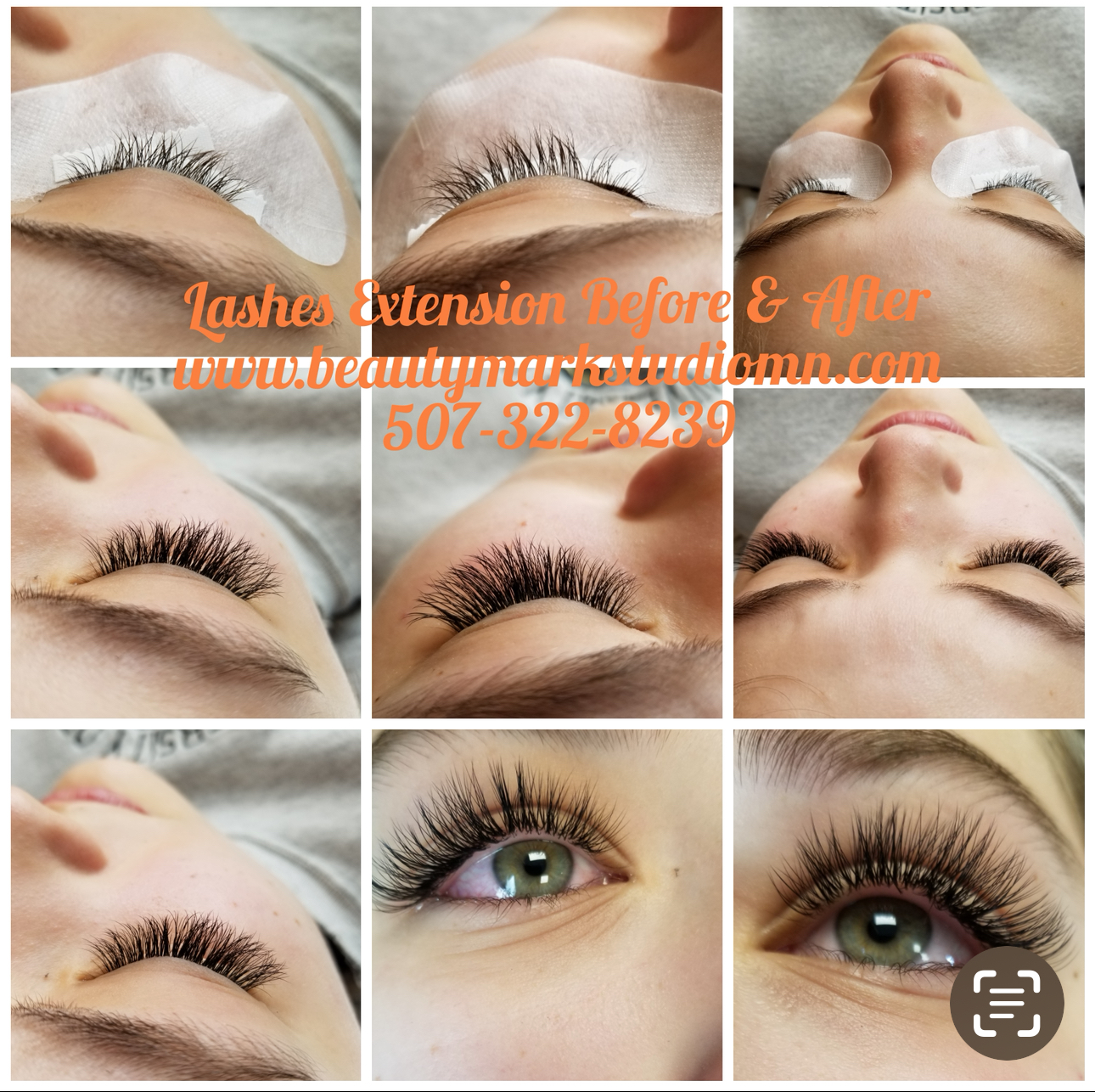 Collage showing lash extensions before and after application. Dramatic, dark lashes.