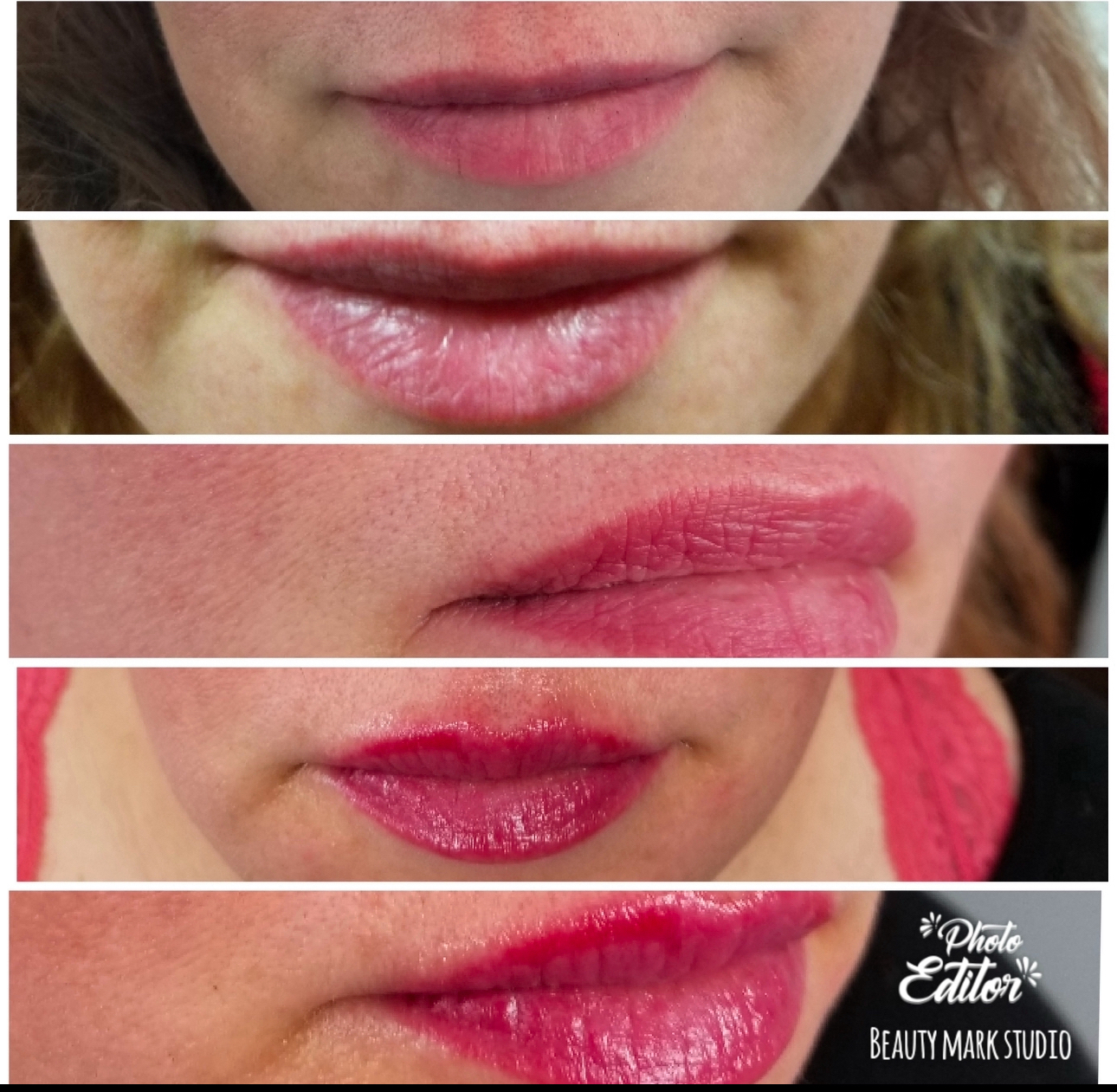 Collage of five different lips with varying shades of lipstick, ranging from light pink to a deep red.
