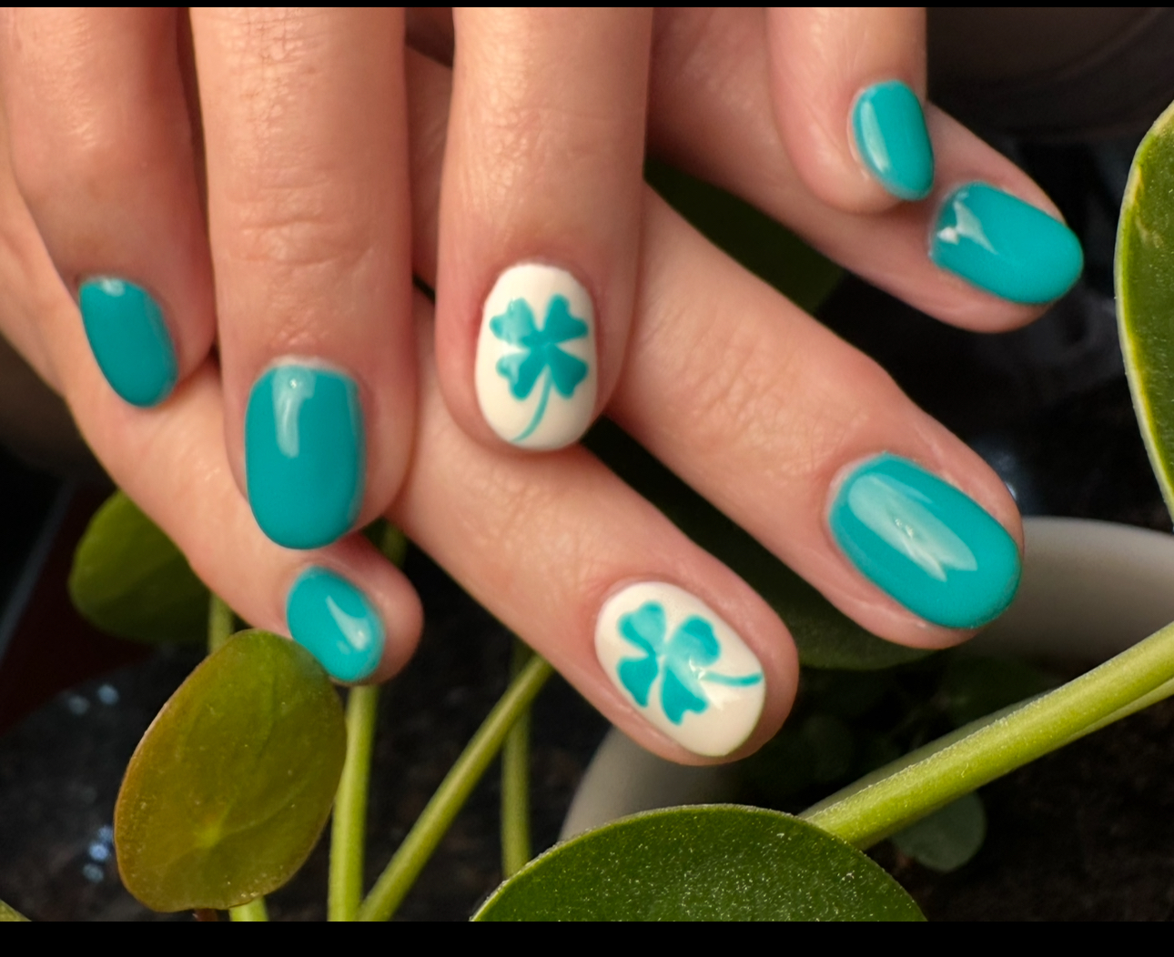 Hands with teal nail polish and white accent nails with turquoise four-leaf clover designs.