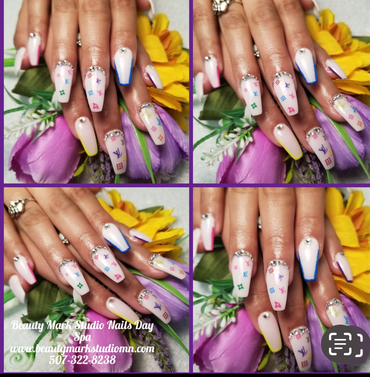 Four nail art designs with coffin-shaped nails featuring white, pastels, and Louis Vuitton logos.