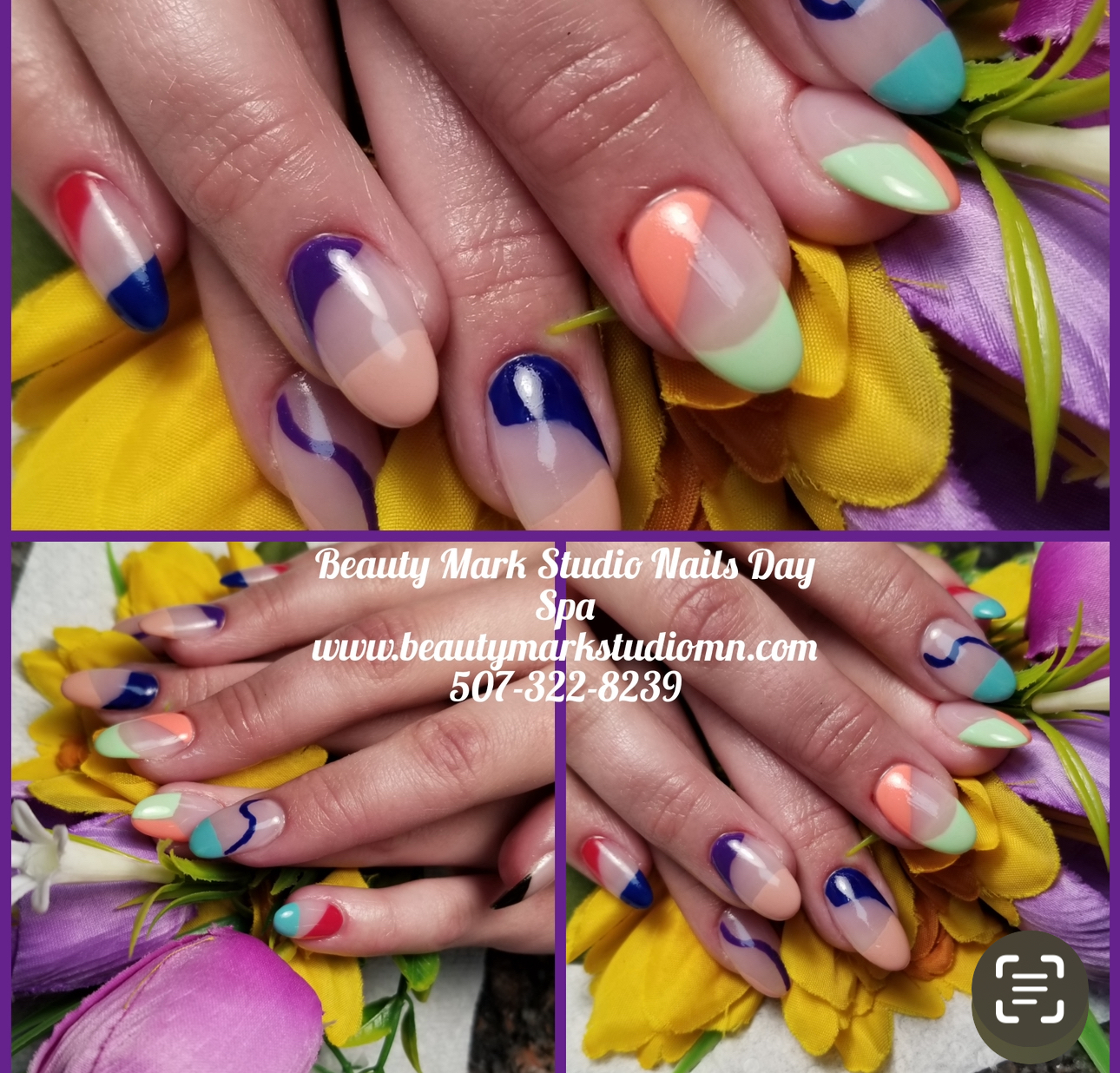 Colorful abstract nail art with curved lines, resting on a bed of purple and yellow flowers.