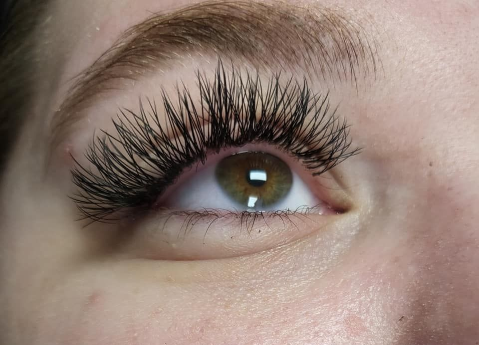 Close-up of an eye with long, dark lash extensions and a lightly arched eyebrow.