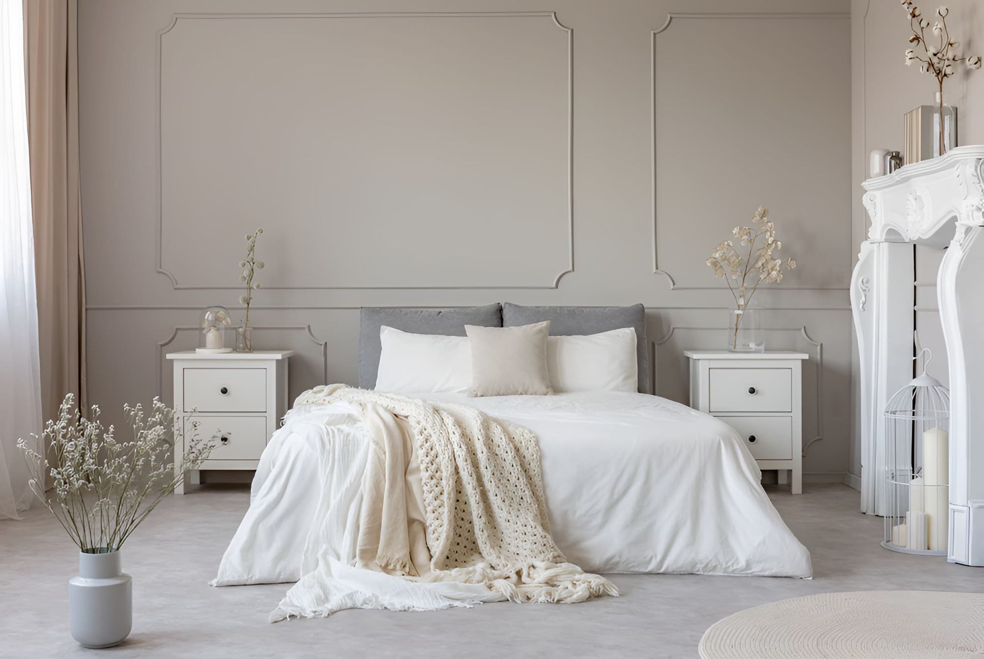 A Bedroom With a Bed, Nightstands, and a Fireplace — Bryants Beds and Mattresses In Lismore, NSW