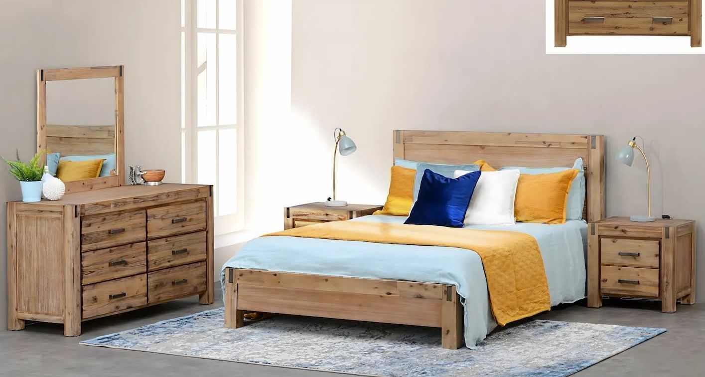 A Bedroom Set With a Bed Dresser and Mirror — Bryants Beds and Mattresses In Lismore, NSW