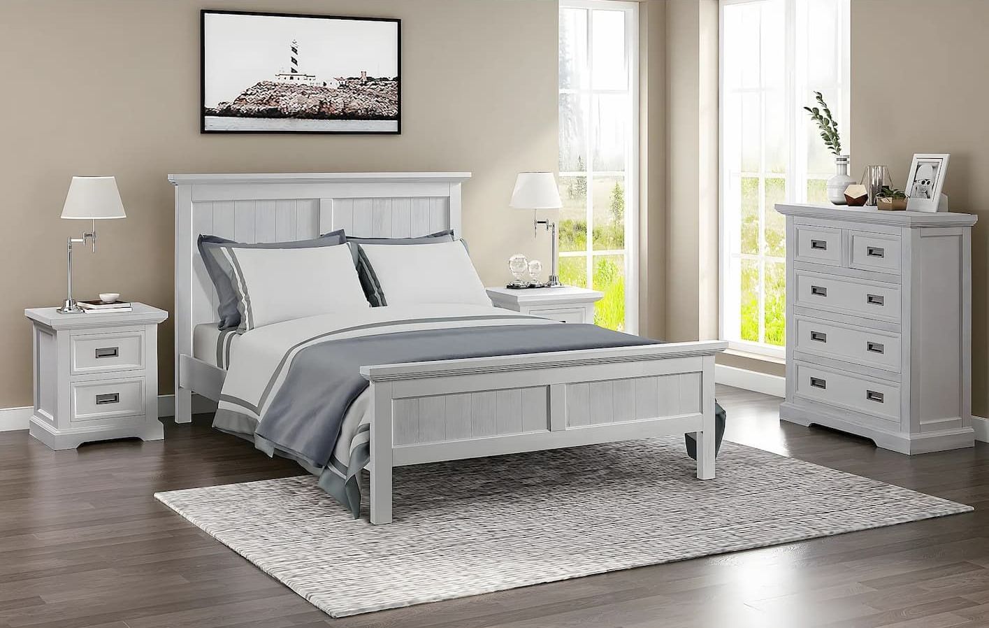 A Bedroom With a Bed, Nightstand, Dresser and Rug — Bryants Beds and Mattresses In Lismore, NSW