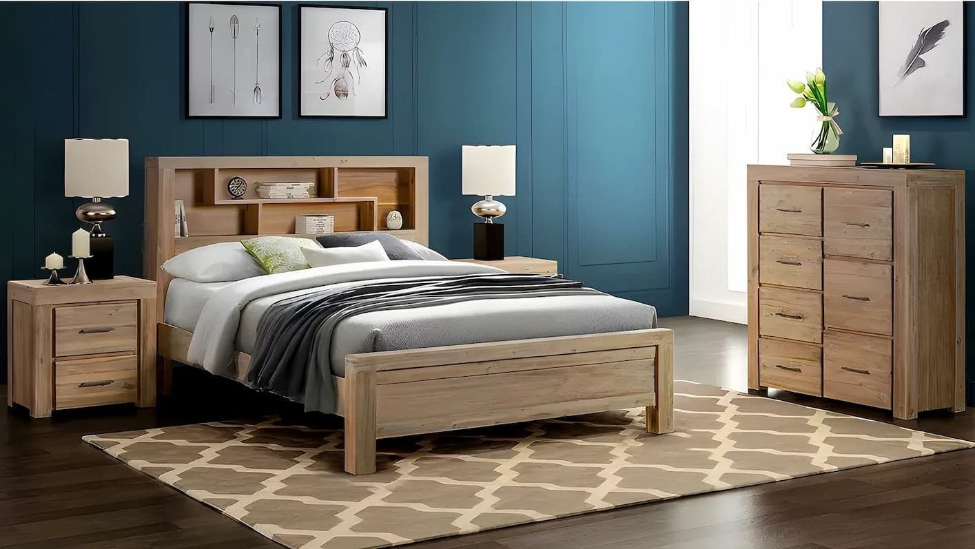 A Bedroom With a Bed, Nightstand, Dresser and Rug — Bryants Beds and Mattresses In Lismore, NSW
